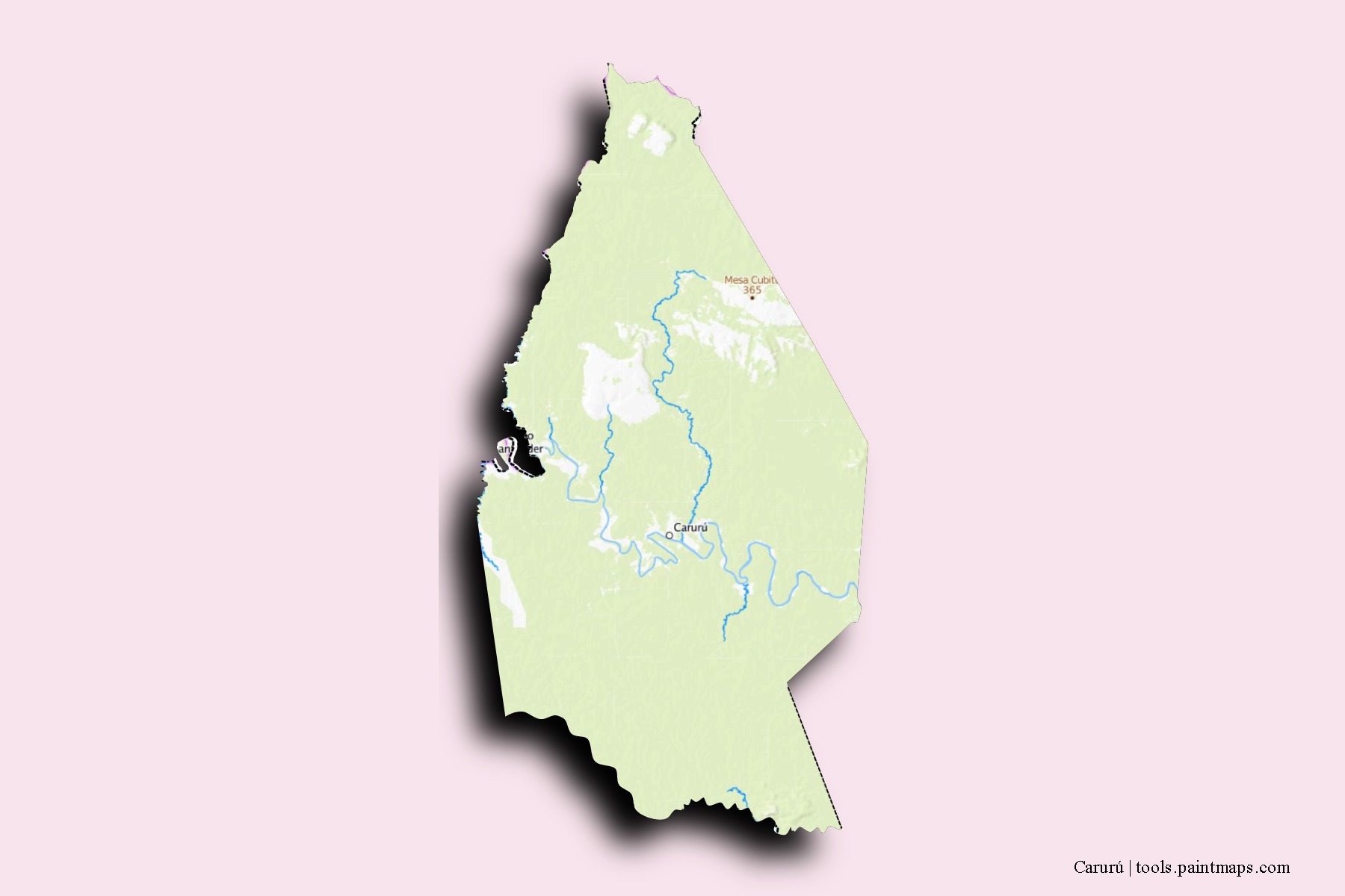 Mapa de barrios y pueblos de Carurú con efecto de sombra 3D