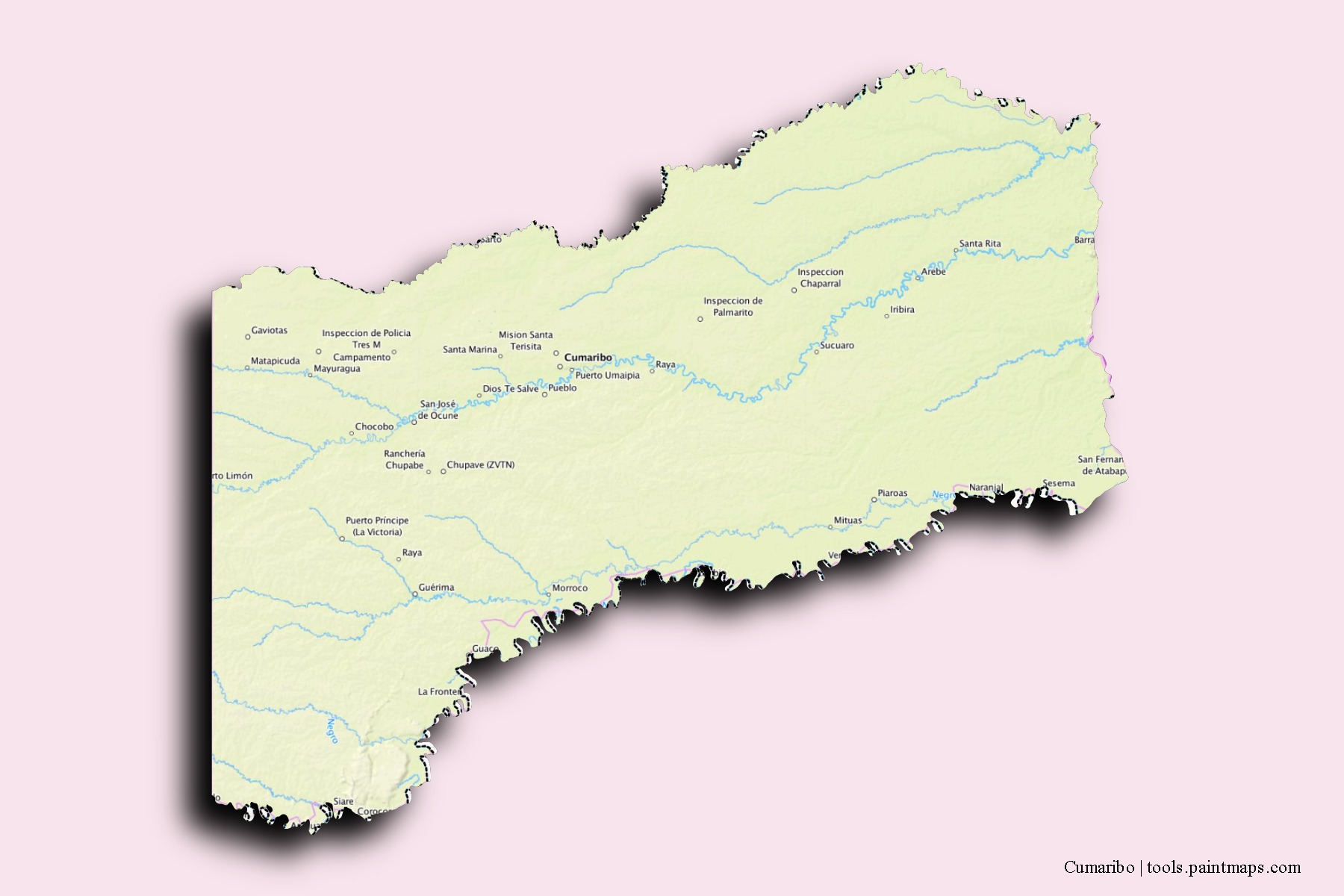 Mapa de barrios y pueblos de Cumaribo con efecto de sombra 3D