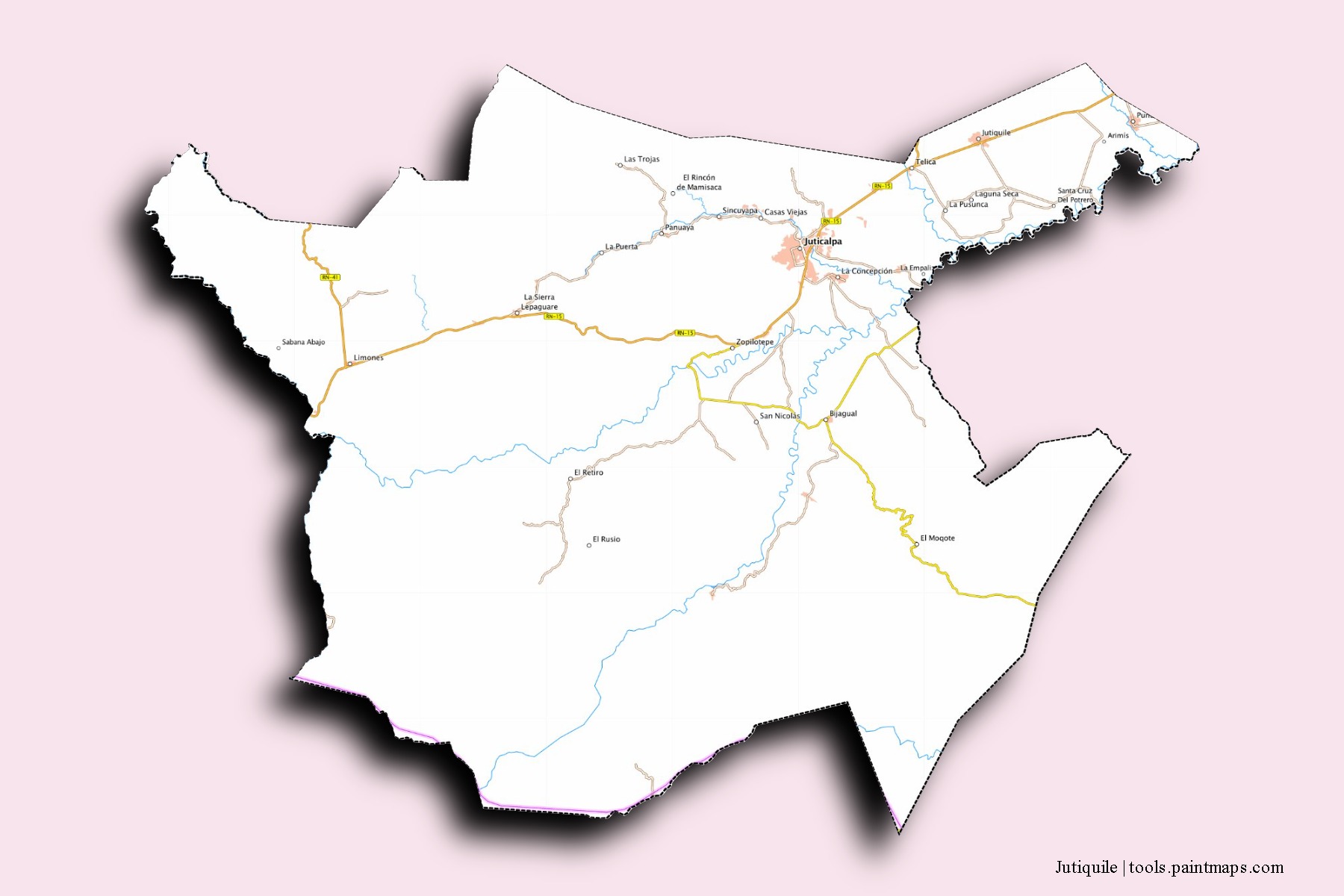 Mapa de barrios y pueblos de Jutiquile con efecto de sombra 3D