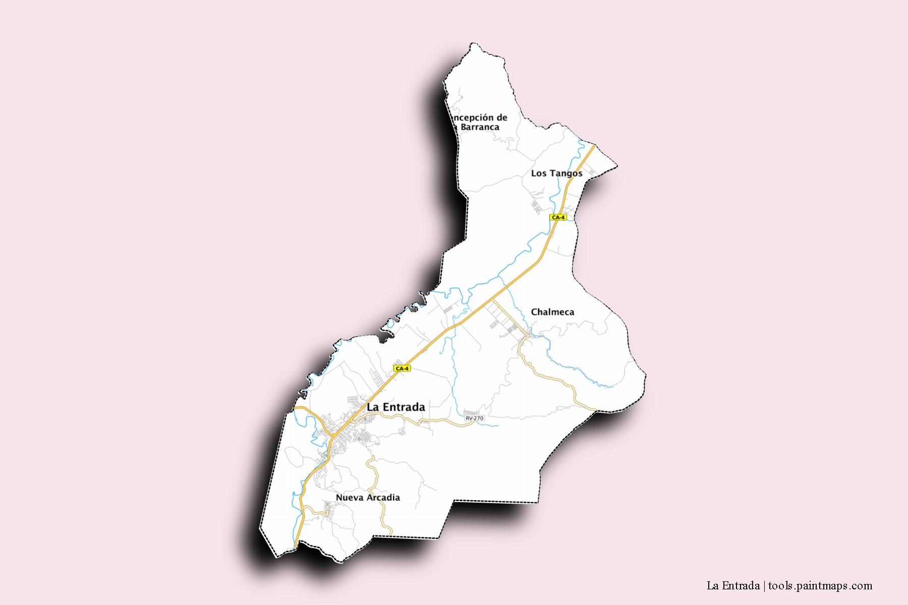 Mapa de barrios y pueblos de La Entrada con efecto de sombra 3D