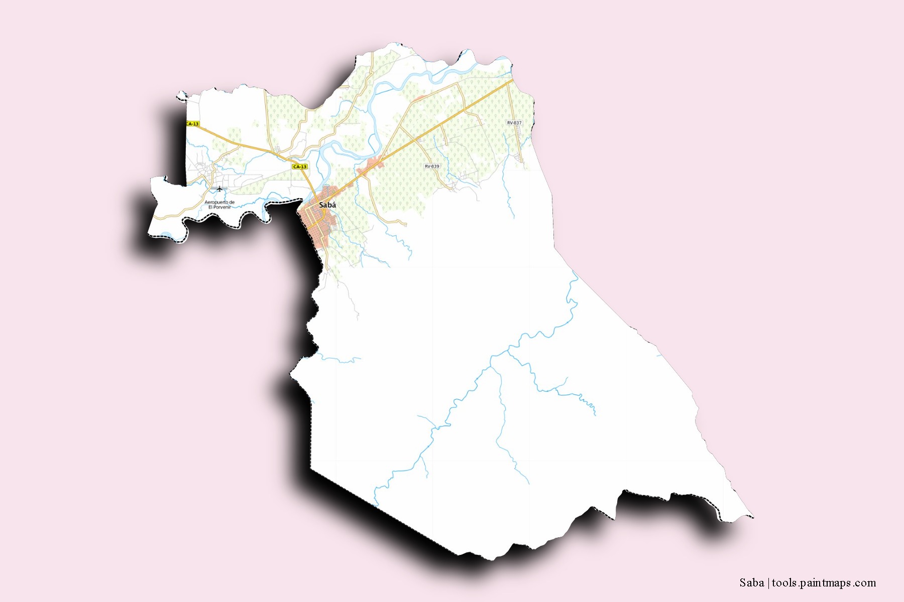 Mapa de barrios y pueblos de Saba con efecto de sombra 3D