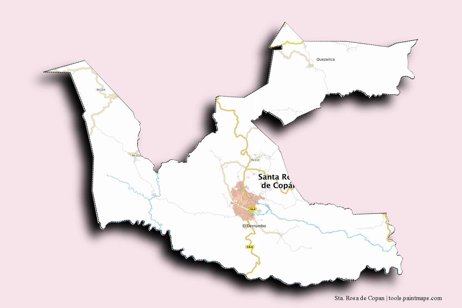 Mapa de barrios y pueblos de Sta. Rosa de Copan con efecto de sombra 3D