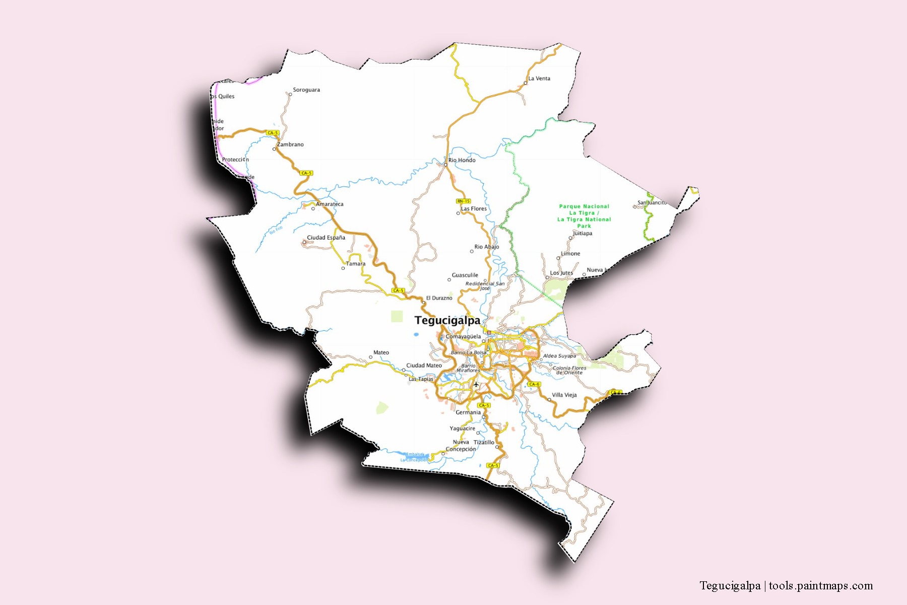 Mapa de barrios y pueblos de Tegucigalpa con efecto de sombra 3D