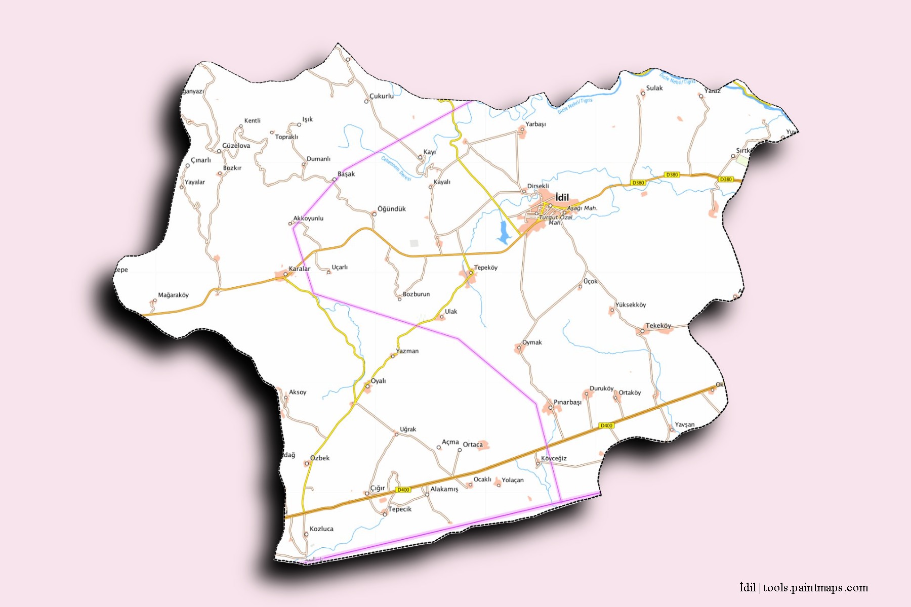 Mapa de barrios y pueblos de İdil con efecto de sombra 3D