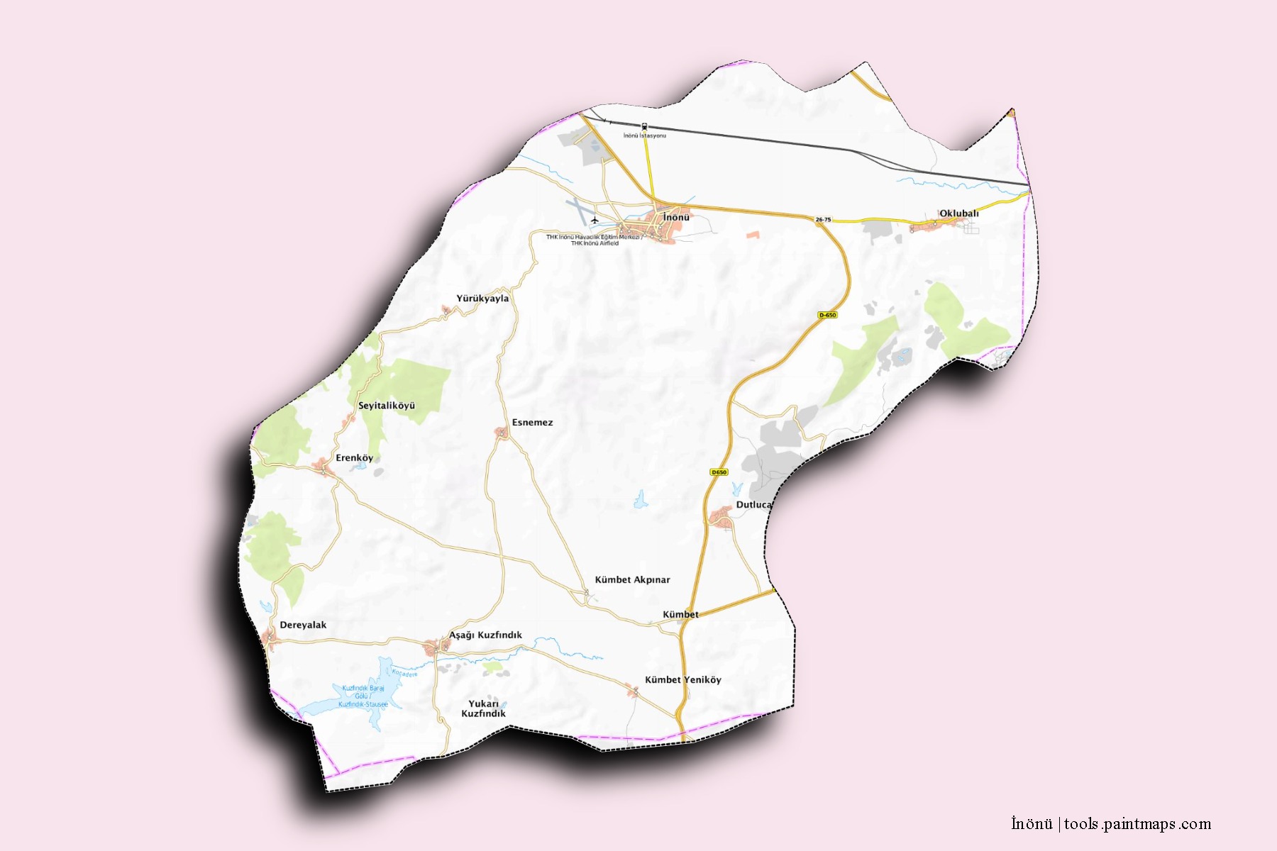 Mapa de barrios y pueblos de İnönü con efecto de sombra 3D