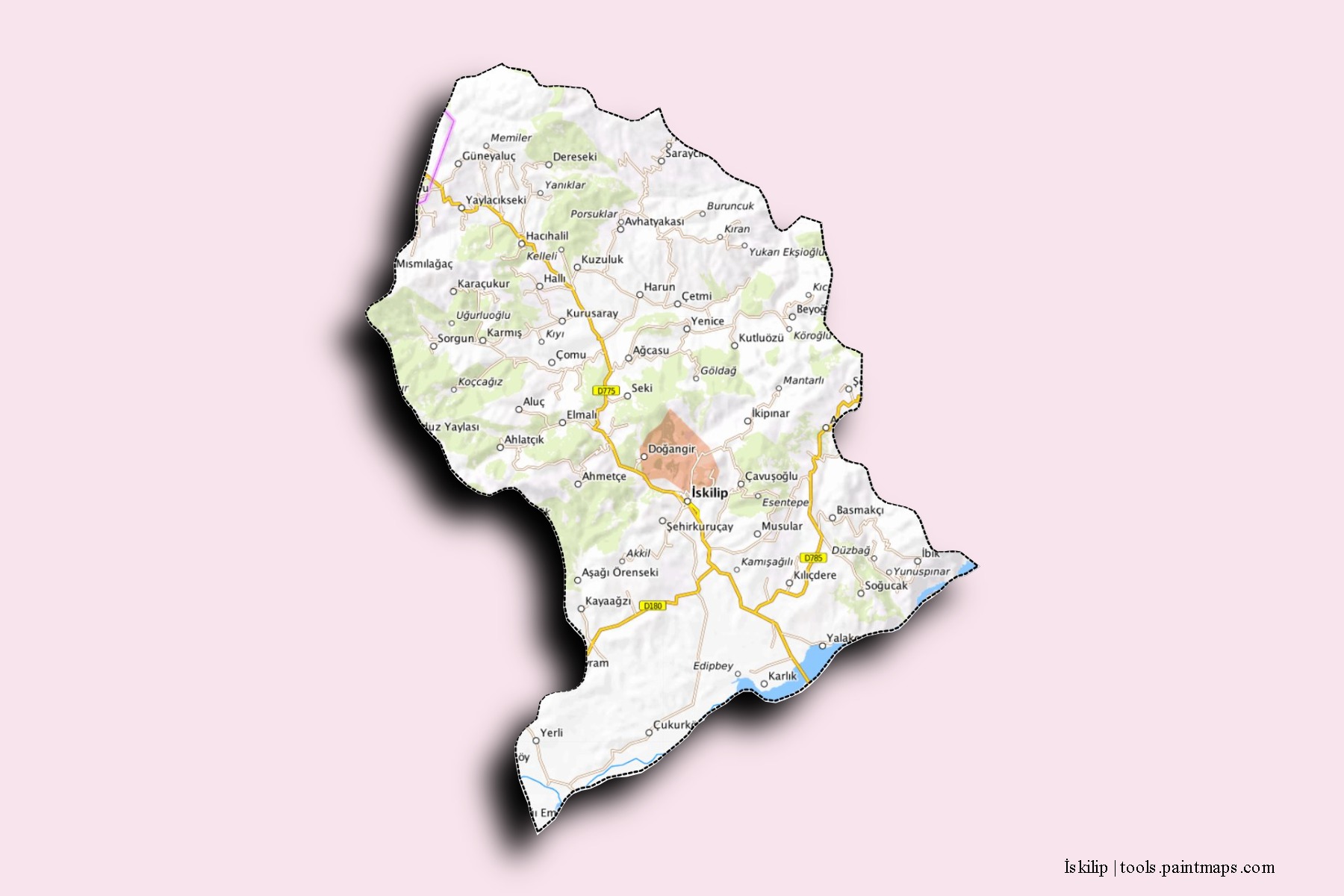 Mapa de barrios y pueblos de İskilip con efecto de sombra 3D