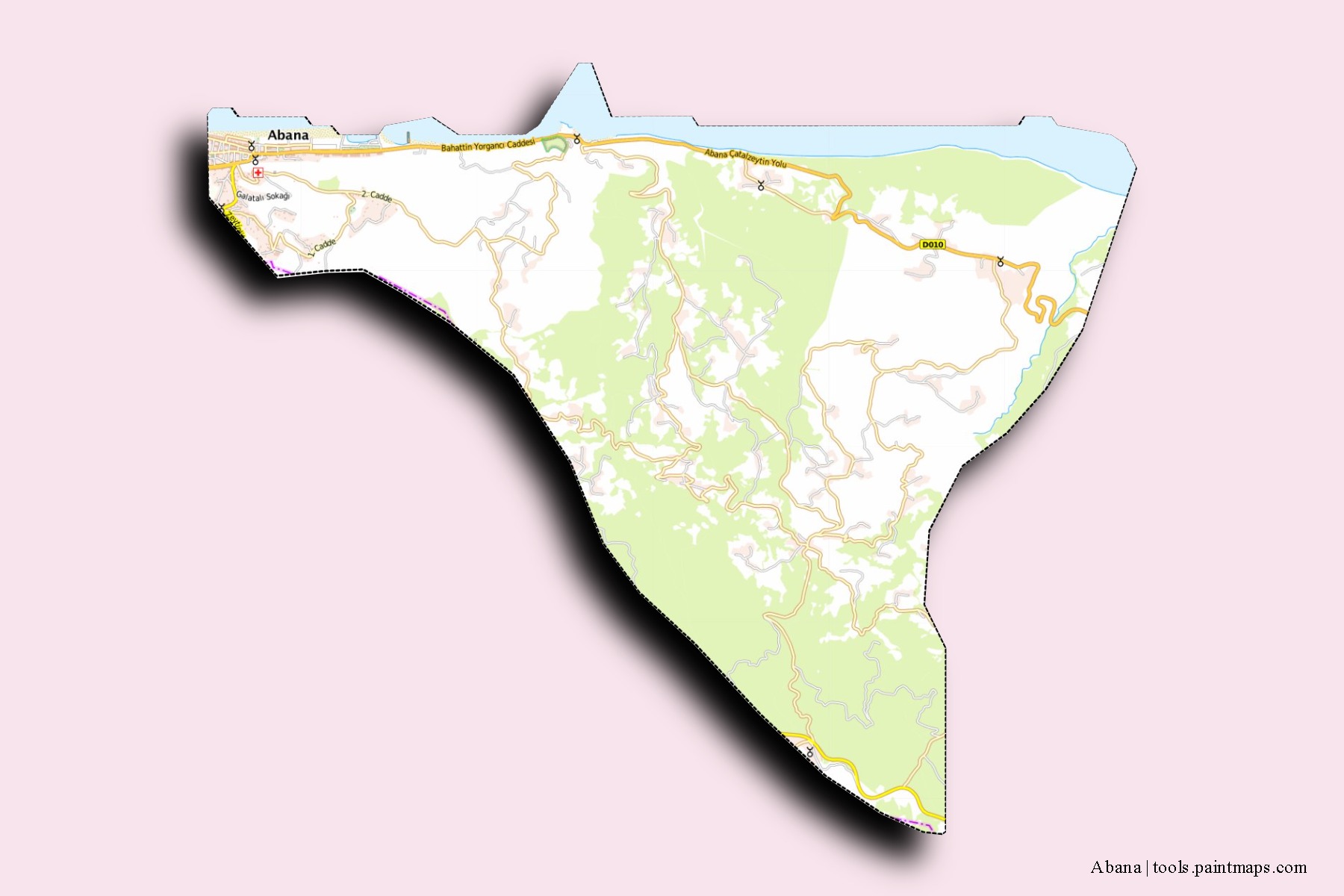 Mapa de barrios y pueblos de Abana con efecto de sombra 3D