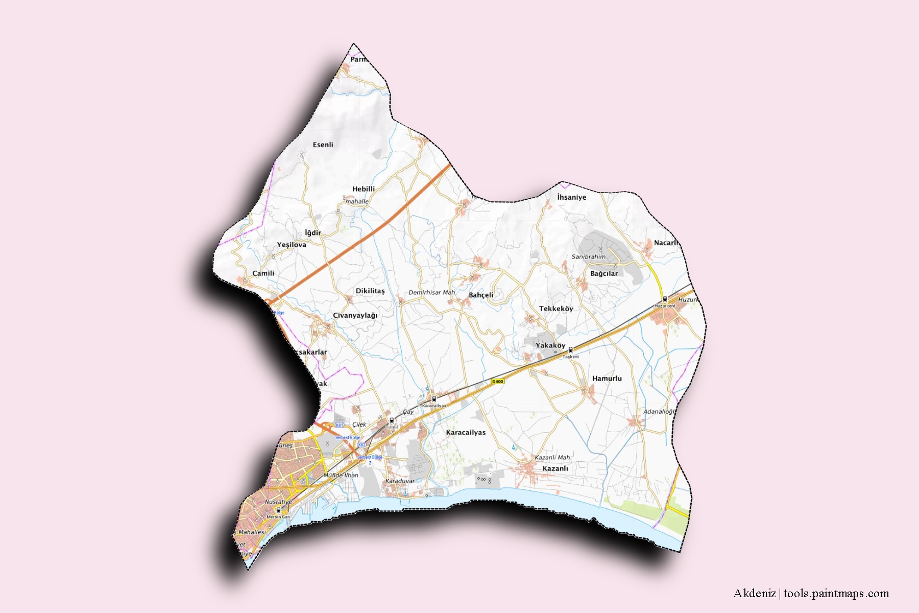 Mapa de barrios y pueblos de Akdeniz con efecto de sombra 3D