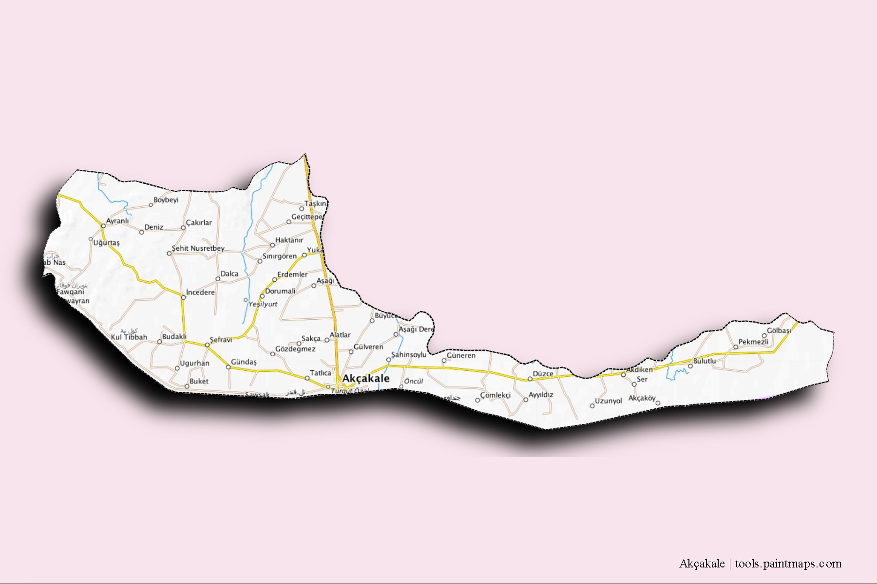 3D gölge efektli Akçakale mahalleleri ve köyleri haritası