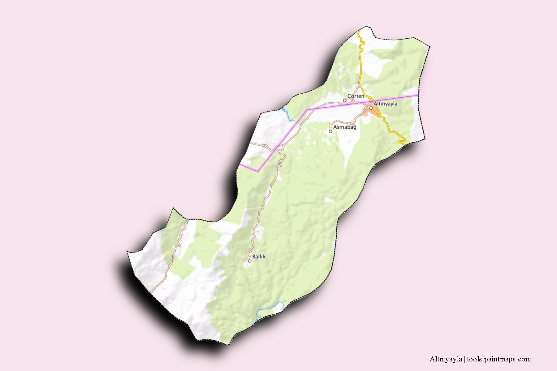 Fethiye neighborhoods and villages map with 3D shadow effect