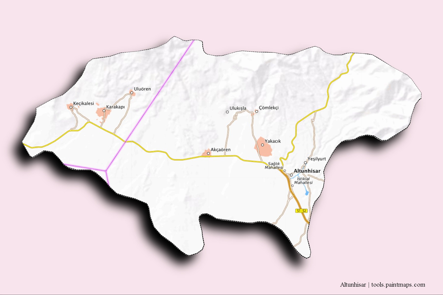 Mapa de barrios y pueblos de Altunhisar con efecto de sombra 3D