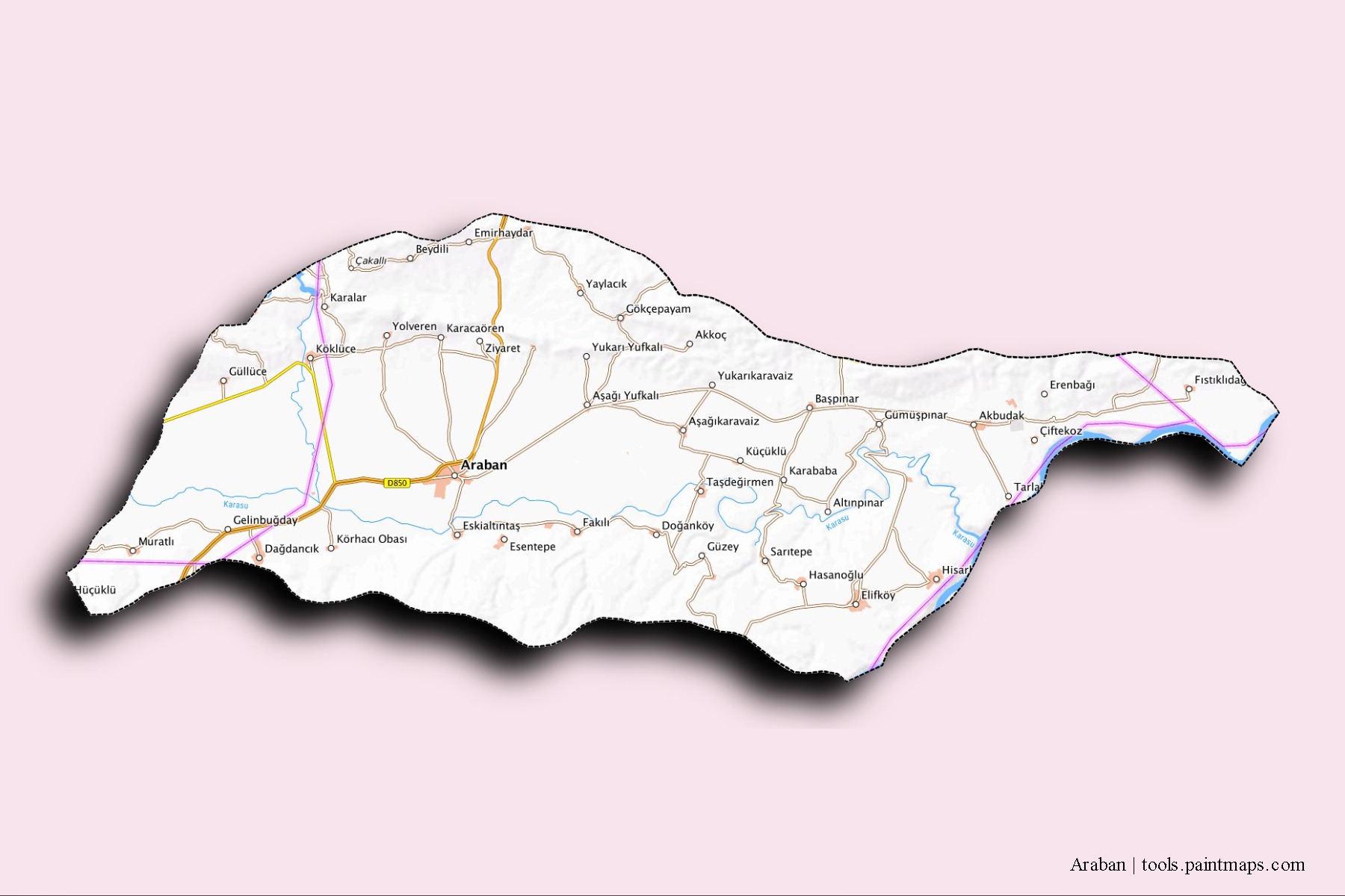 3D gölge efektli Araban mahalleleri ve köyleri haritası