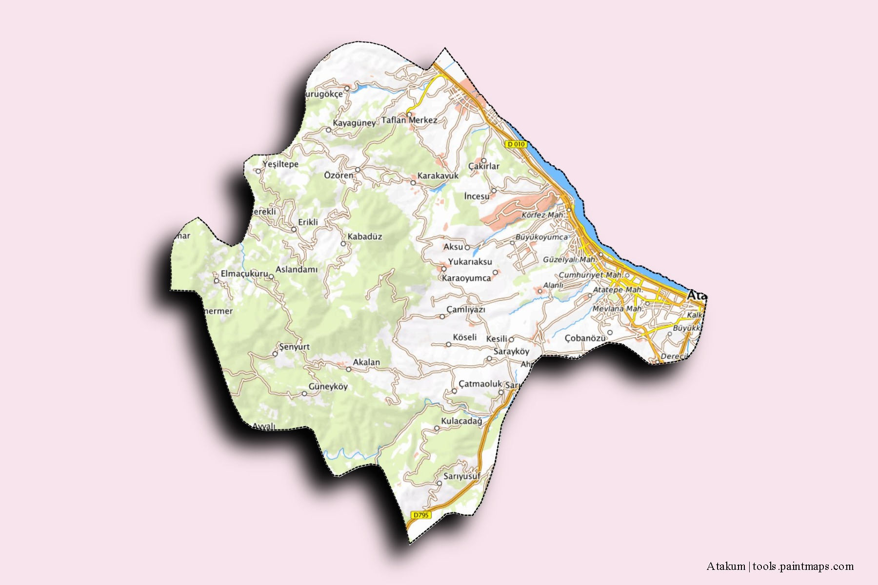 Mapa de barrios y pueblos de Atakum con efecto de sombra 3D