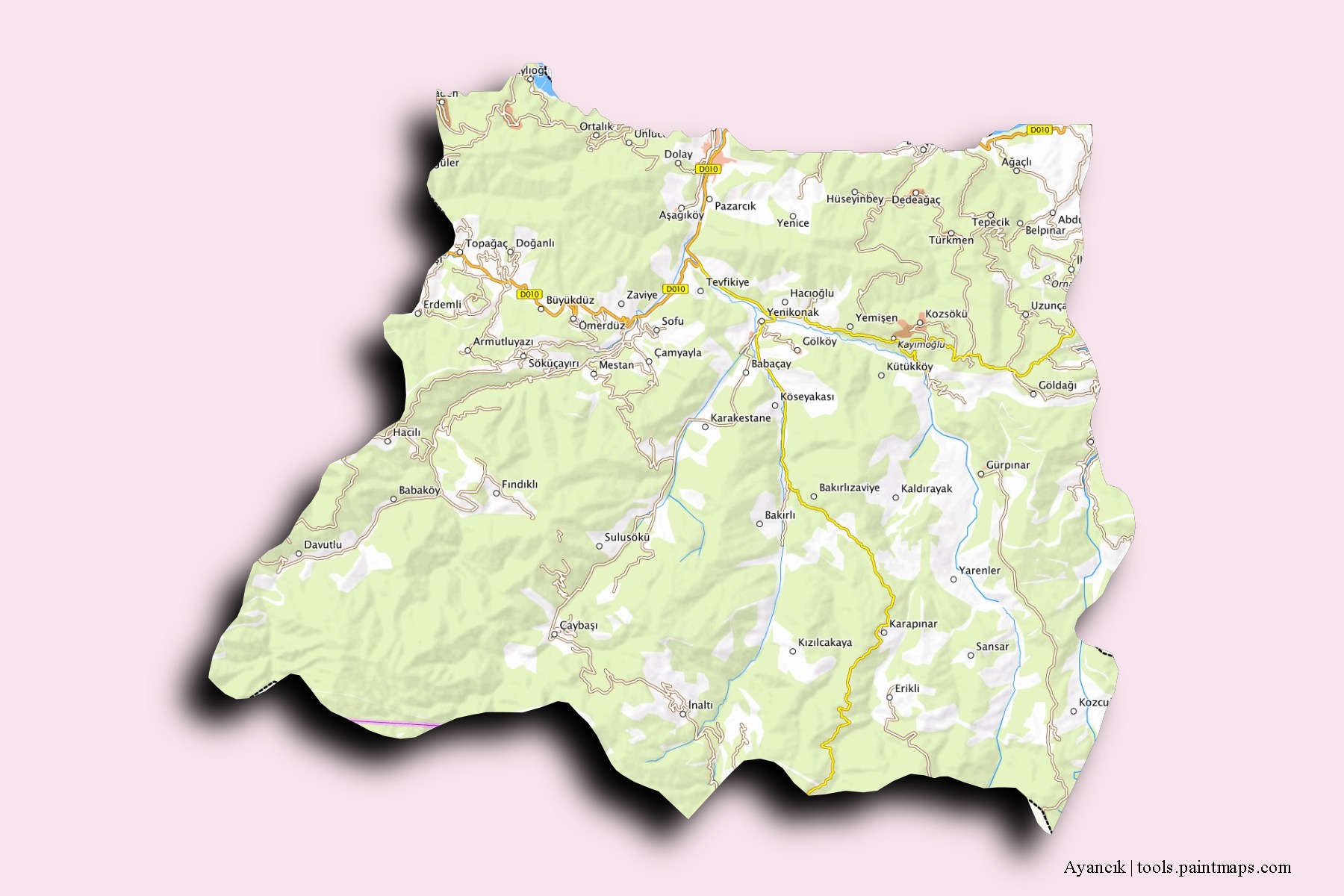 Mapa de barrios y pueblos de Ayancık con efecto de sombra 3D