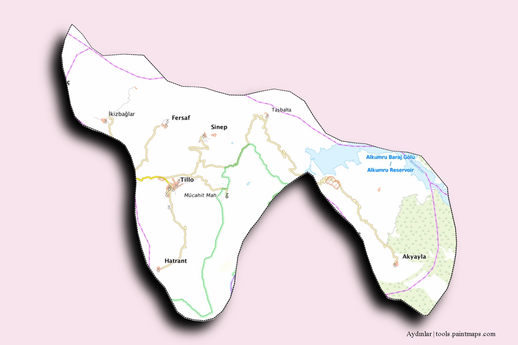 Aydinlar neighborhoods and villages map with 3D shadow effect