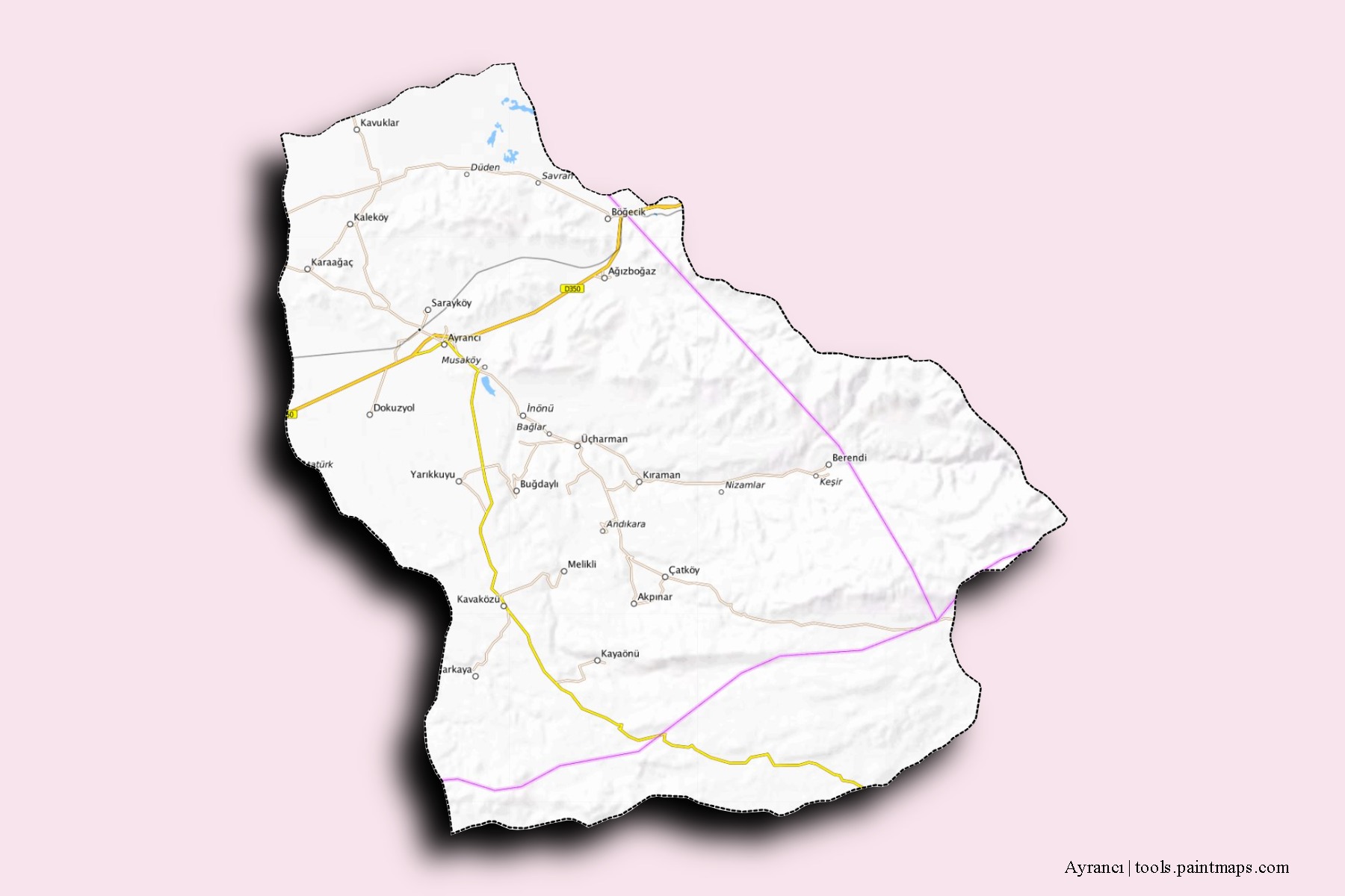 Mapa de barrios y pueblos de Ayrancı con efecto de sombra 3D