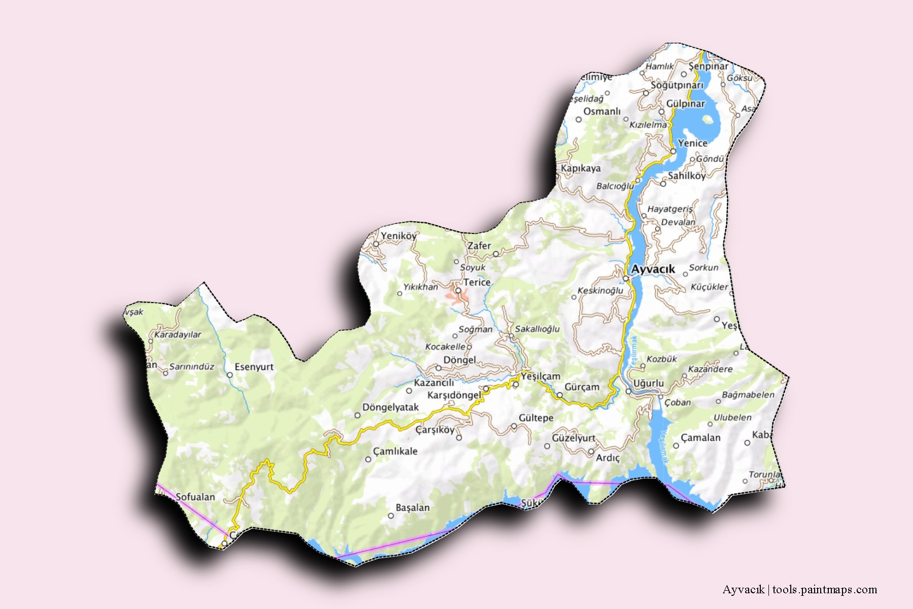 Ayvacik neighborhoods and villages map with 3D shadow effect