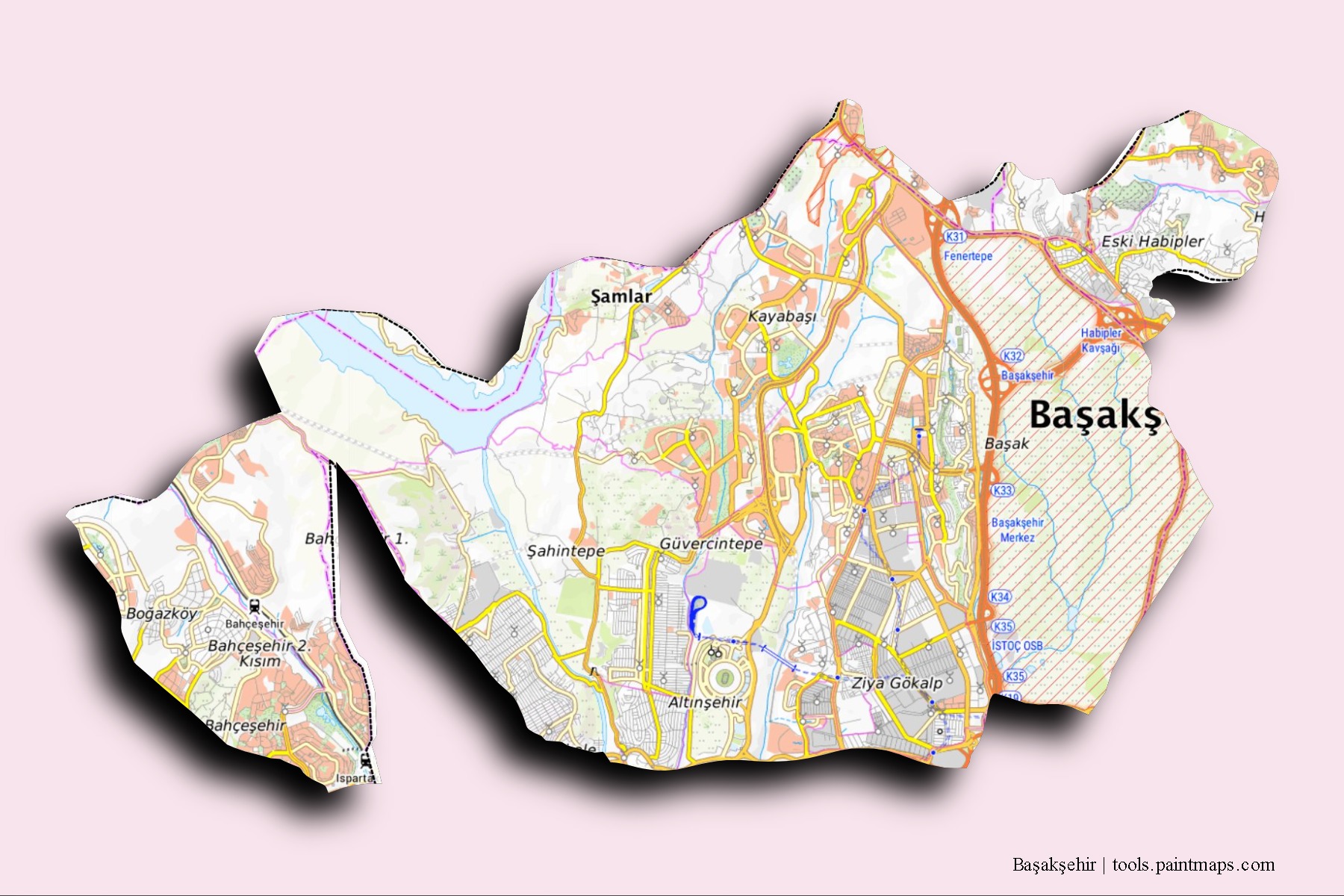 Başakşehir neighborhoods and villages map with 3D shadow effect