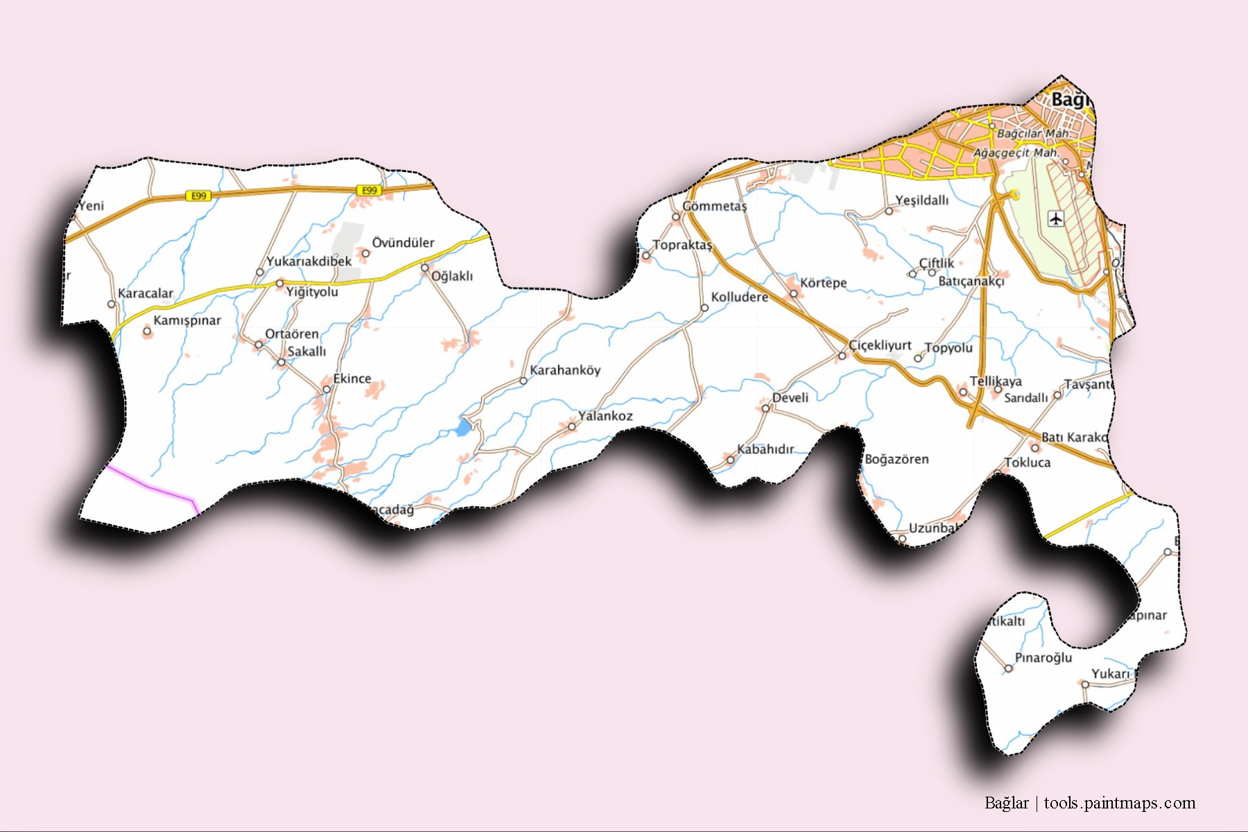 Mapa de barrios y pueblos de Bağlar con efecto de sombra 3D