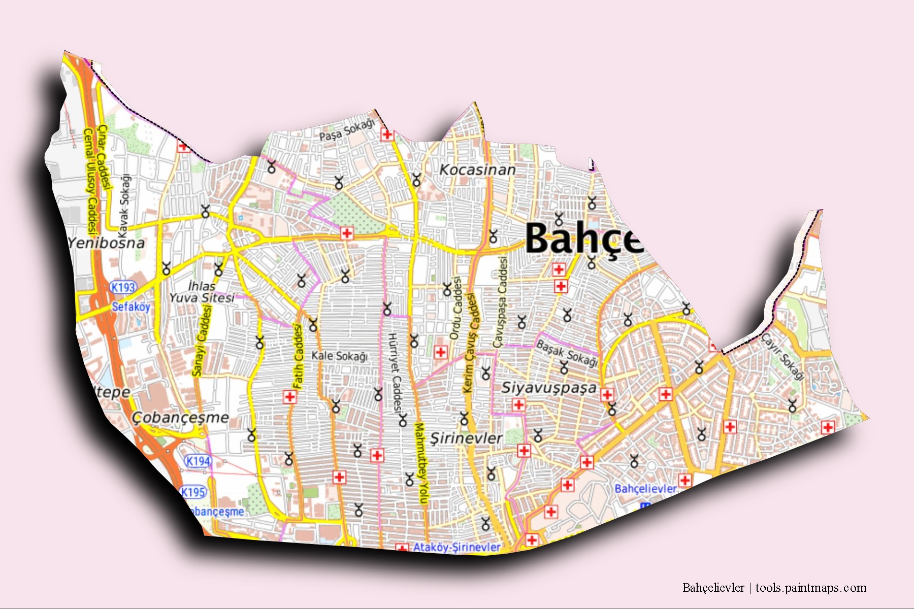 Mapa de barrios y pueblos de Bahçelievler con efecto de sombra 3D