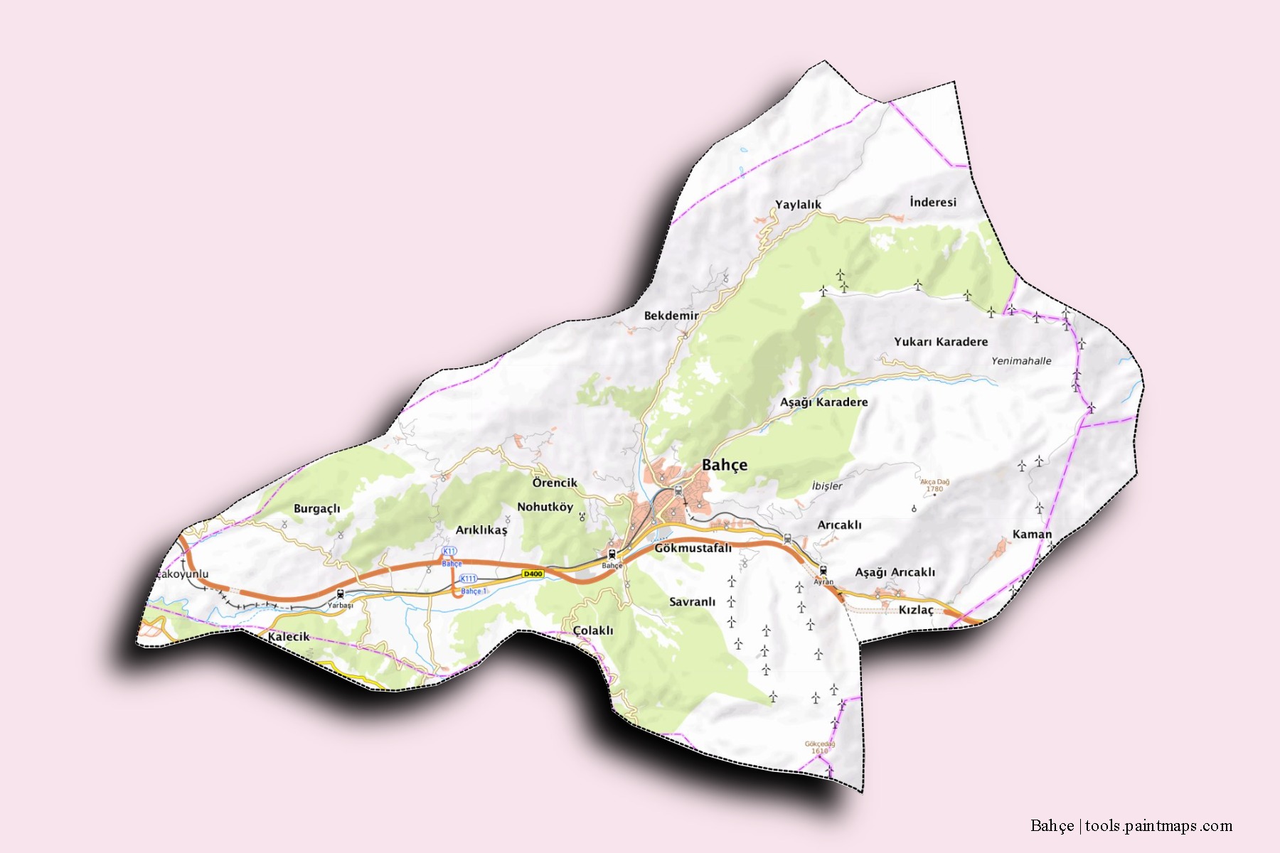 Bahçe neighborhoods and villages map with 3D shadow effect