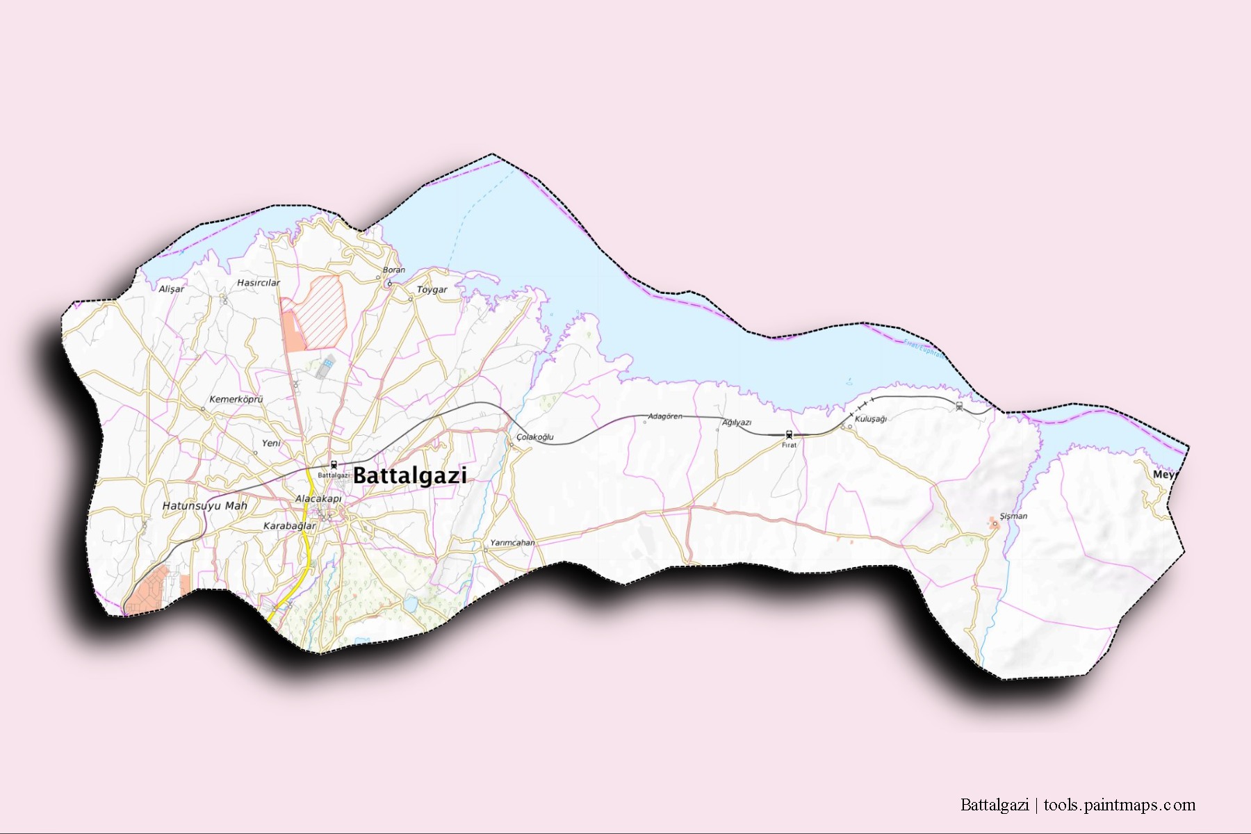 3D gölge efektli Battalgazi mahalleleri ve köyleri haritası