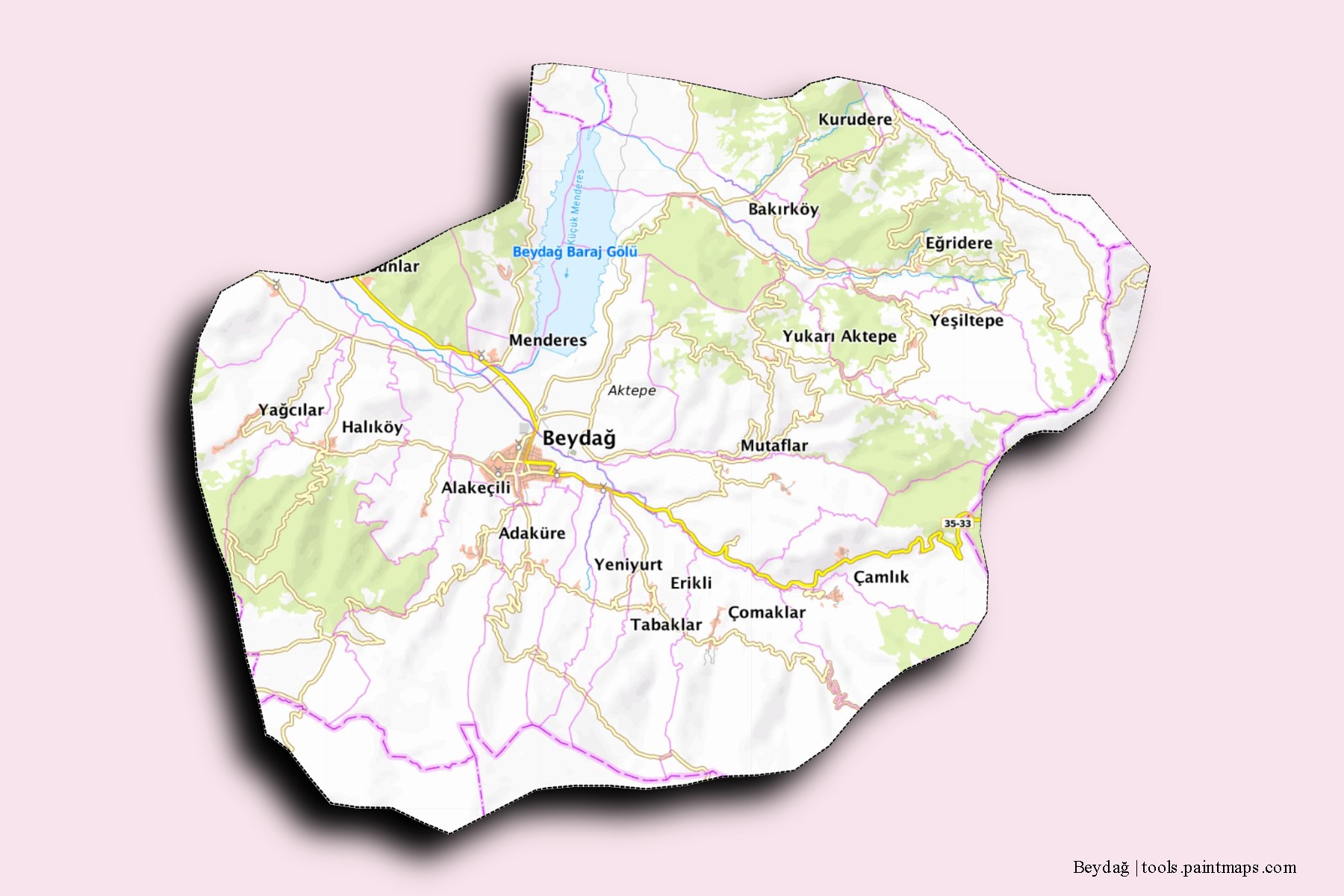 Mapa de barrios y pueblos de Beydağ con efecto de sombra 3D