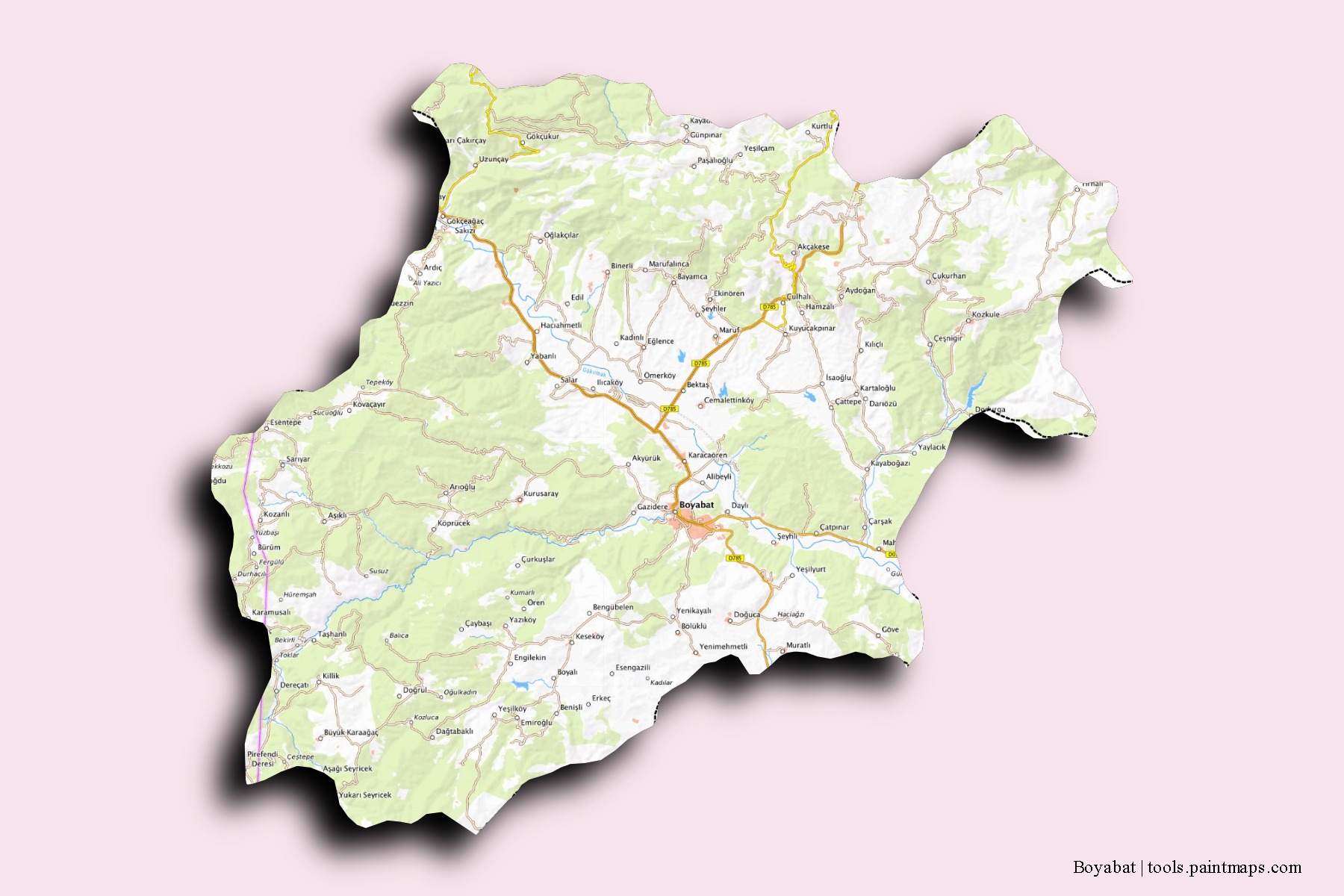 Mapa de barrios y pueblos de Boyabat con efecto de sombra 3D