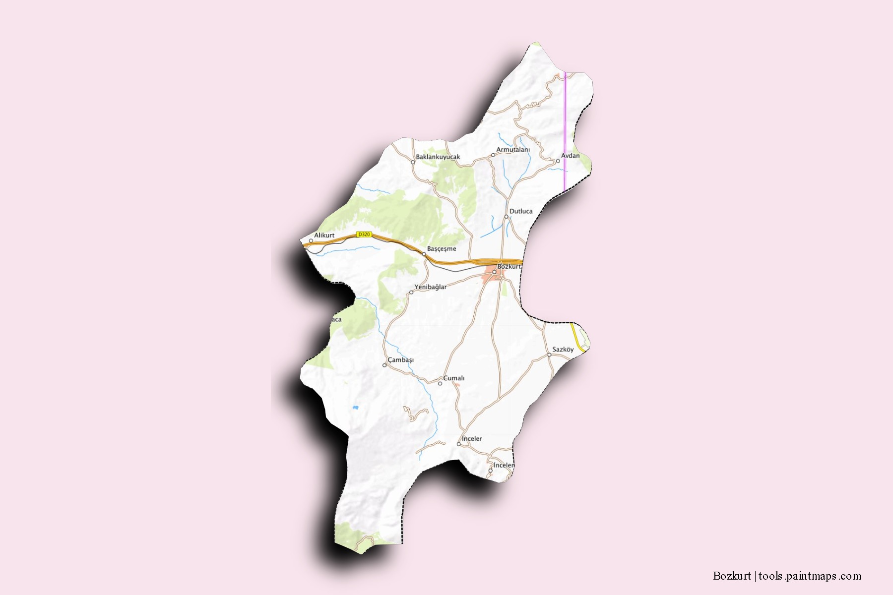 Mapa de barrios y pueblos de Bozkurt con efecto de sombra 3D