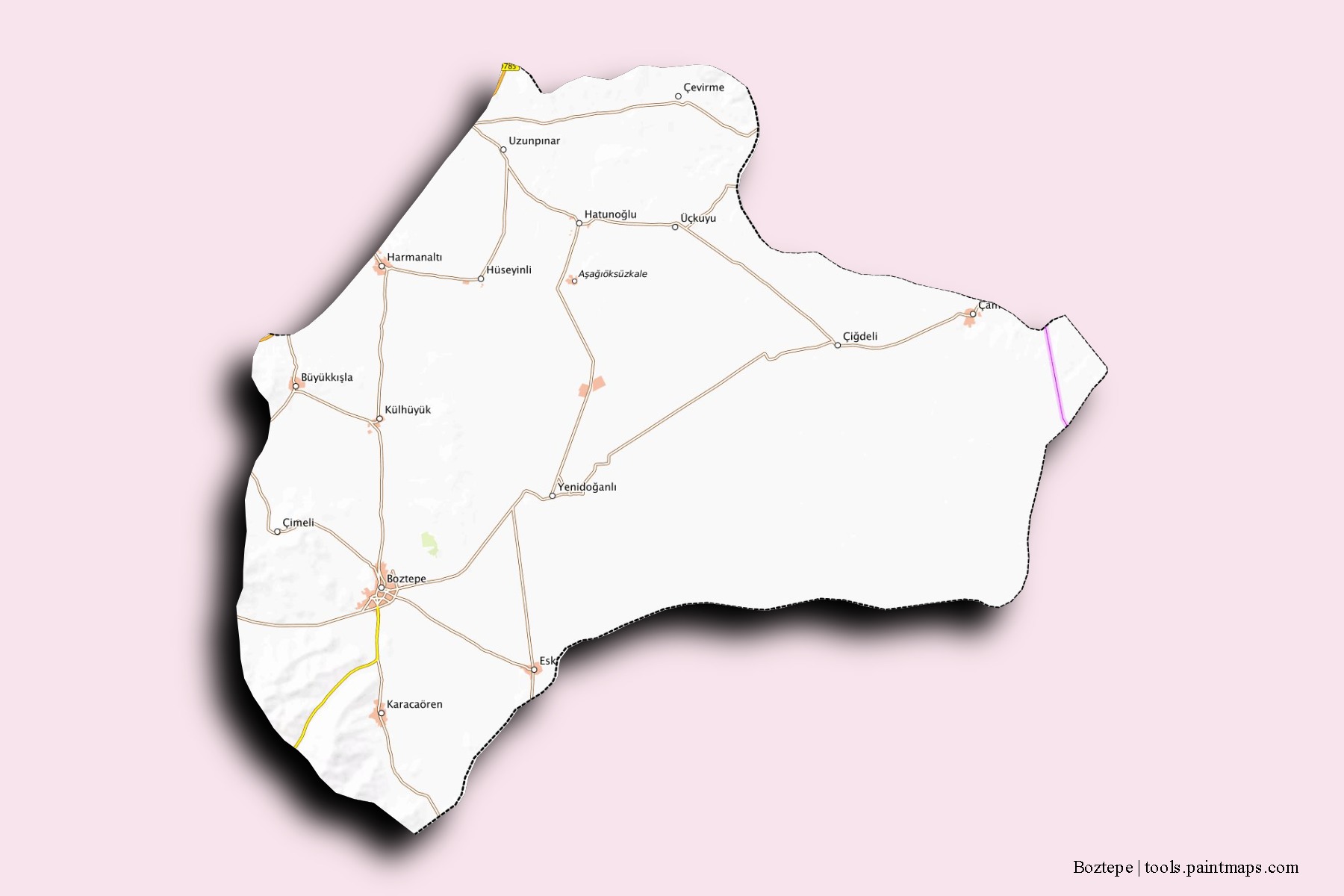 Mapa de barrios y pueblos de Boztepe con efecto de sombra 3D