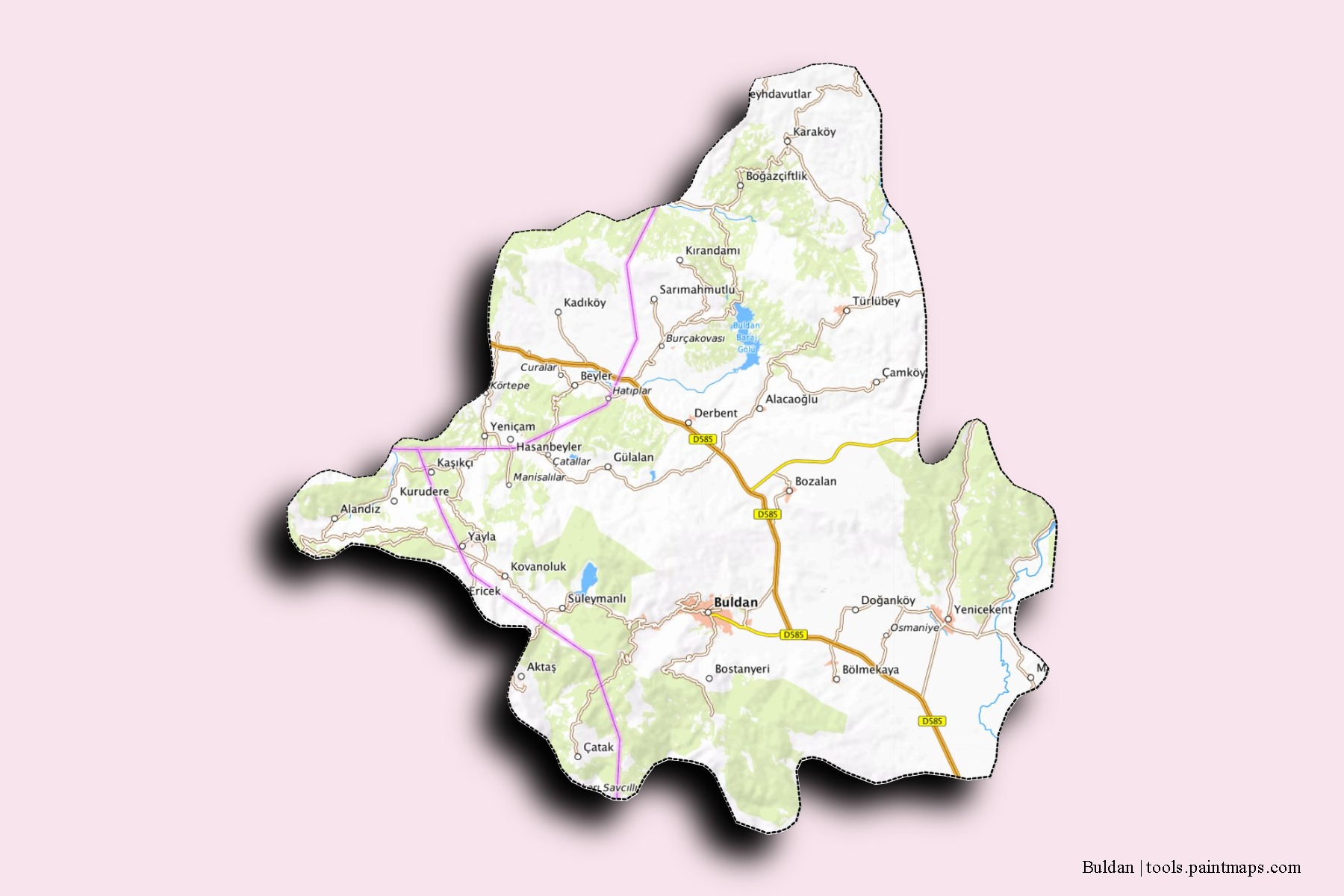 Mapa de barrios y pueblos de Buldan con efecto de sombra 3D