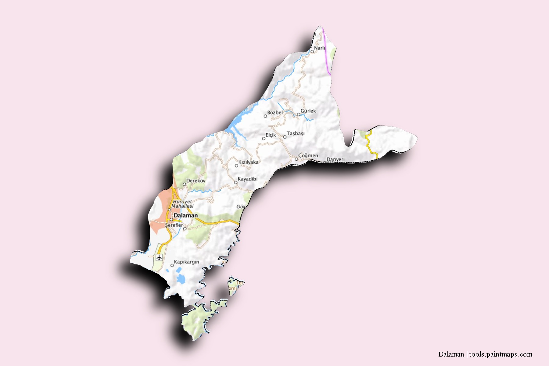 Mapa de barrios y pueblos de Dalaman con efecto de sombra 3D