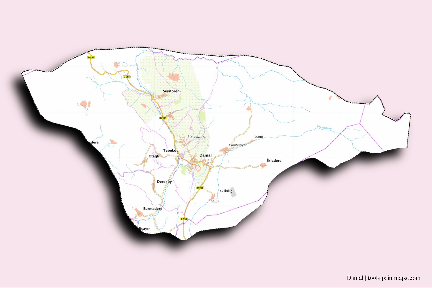 Damal neighborhoods and villages map with 3D shadow effect