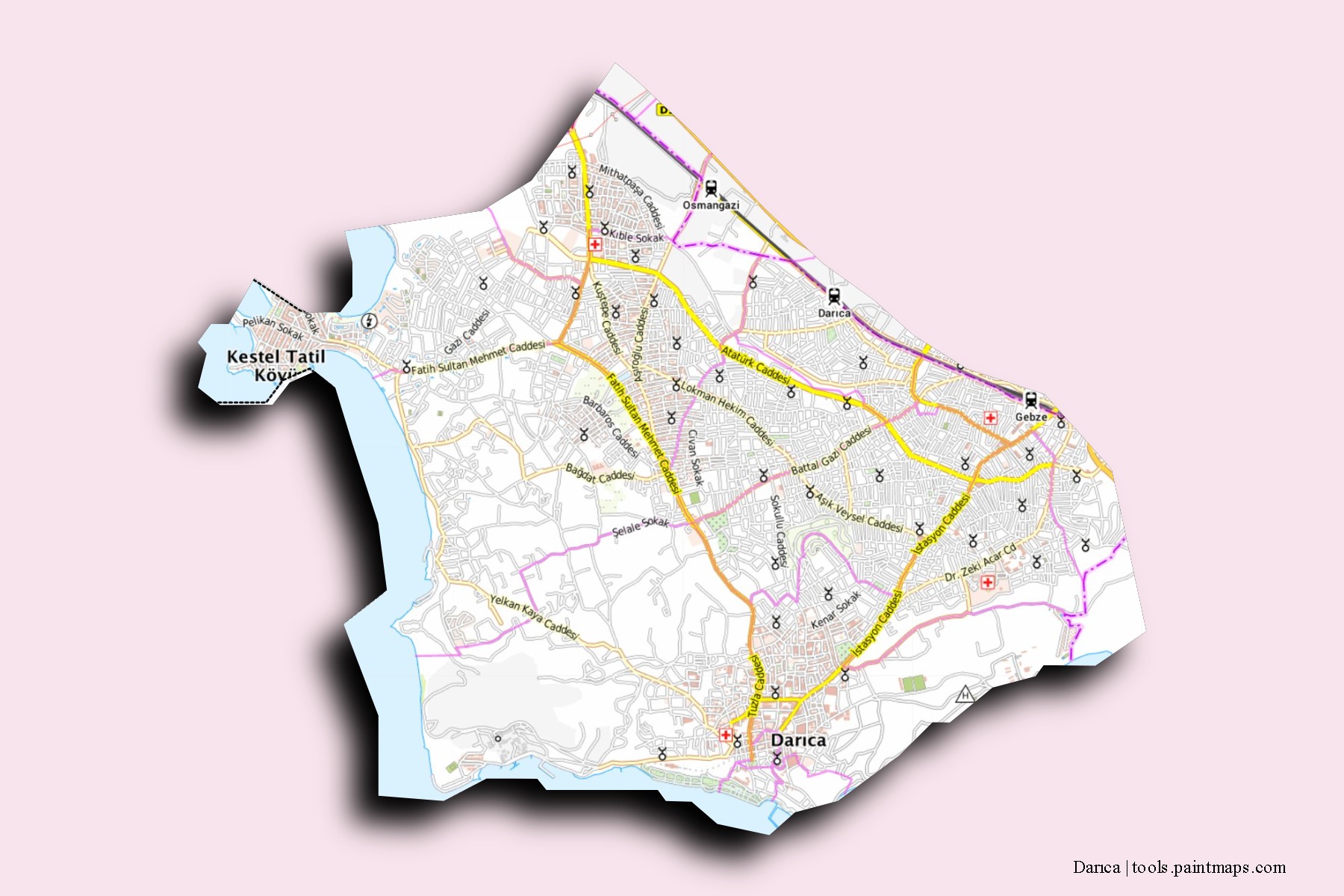 Mapa de barrios y pueblos de Darıca con efecto de sombra 3D