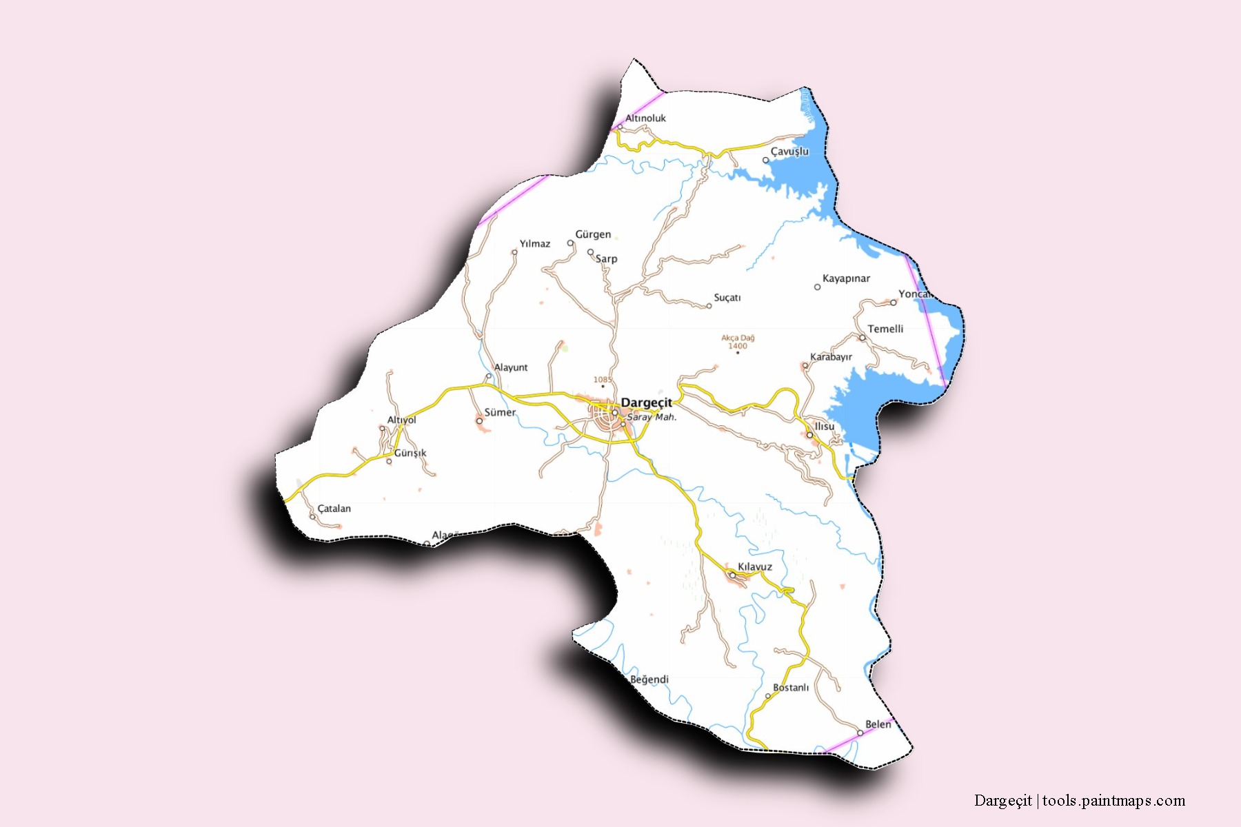 Mapa de barrios y pueblos de Dargeçit con efecto de sombra 3D