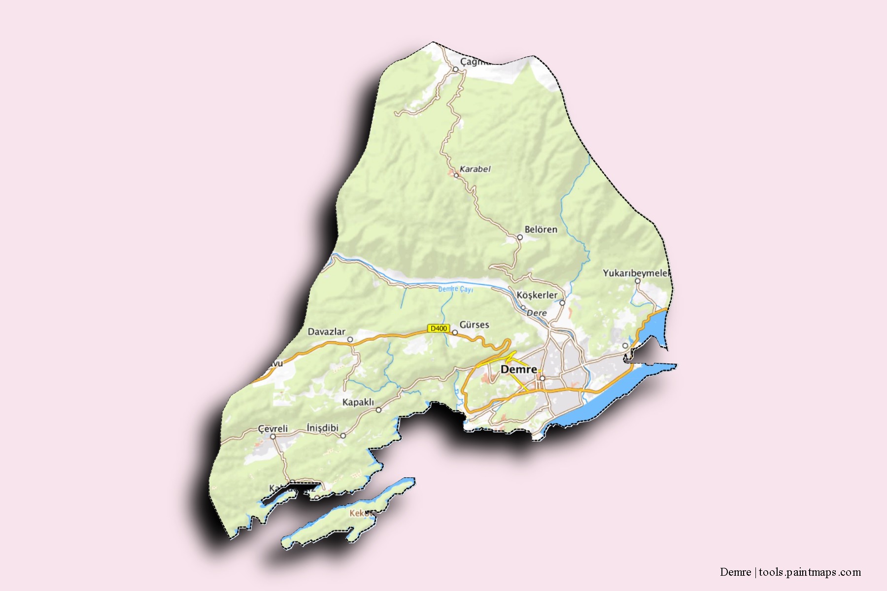 Mapa de barrios y pueblos de Demre con efecto de sombra 3D