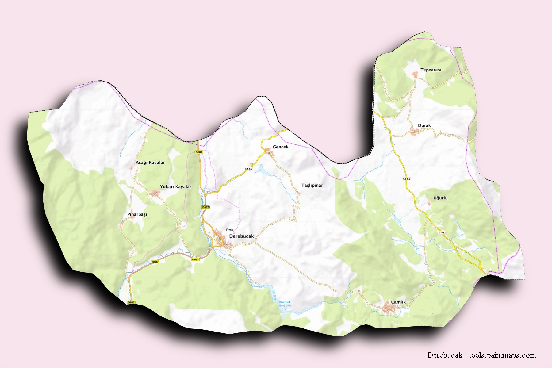 Derebucak neighborhoods and villages map with 3D shadow effect