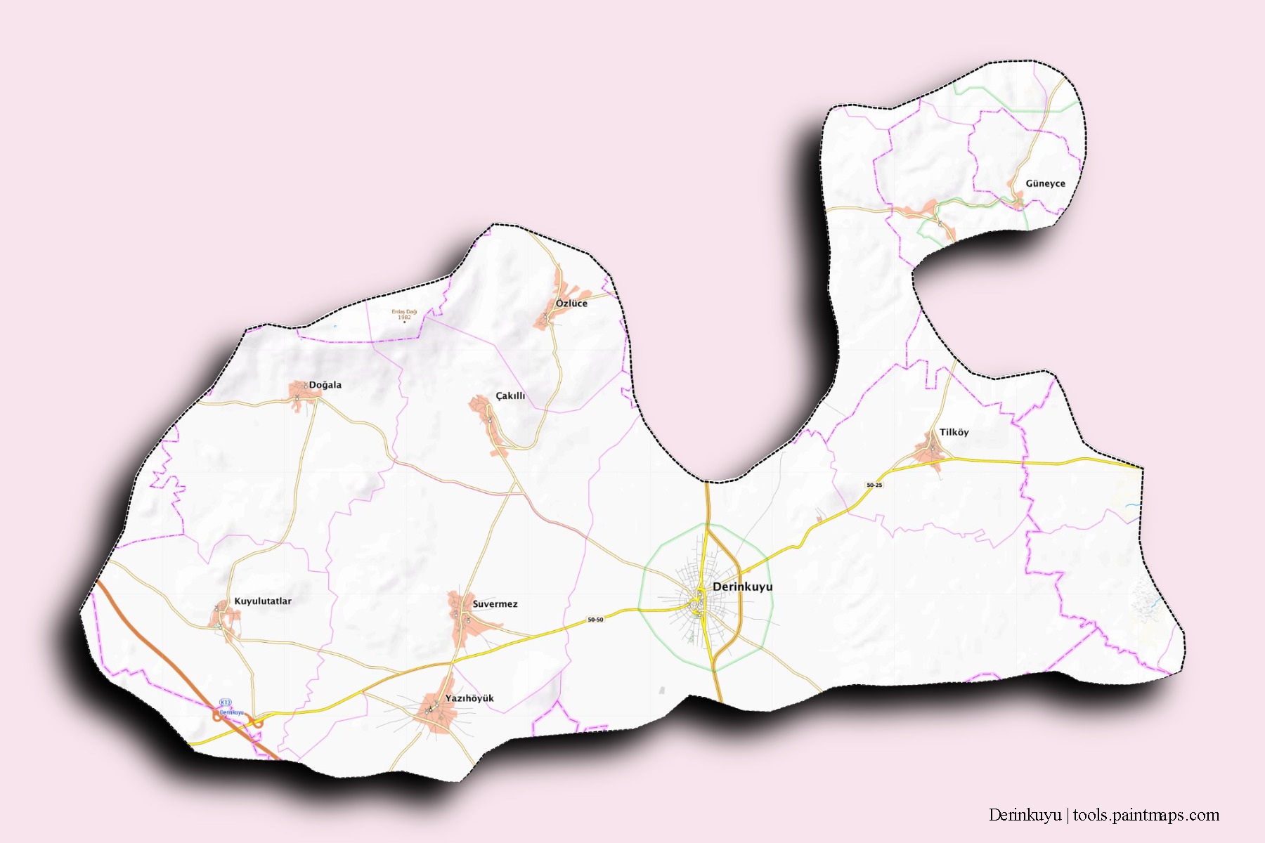 Derinkuyu neighborhoods and villages map with 3D shadow effect