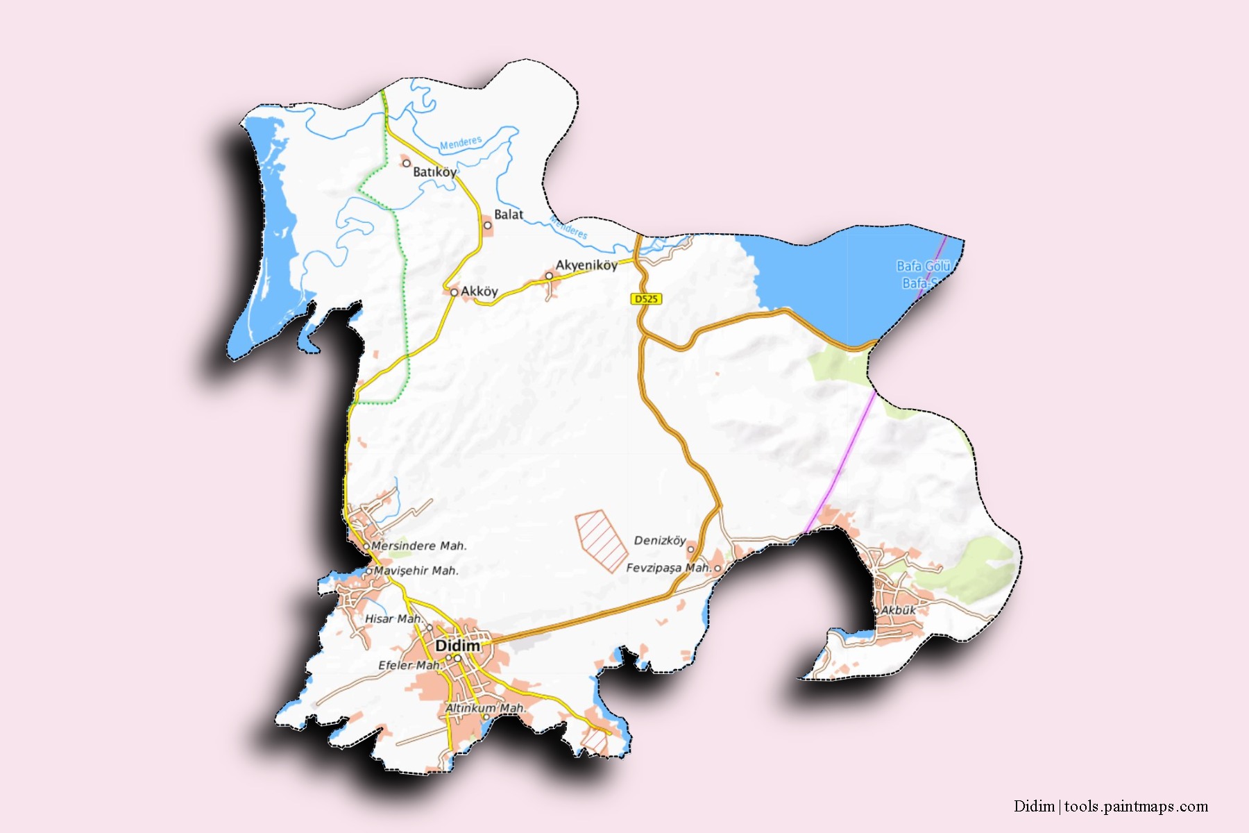 Didim neighborhoods and villages map with 3D shadow effect