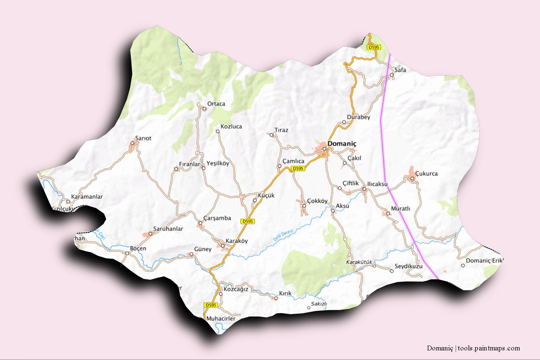 Domaniç neighborhoods and villages map with 3D shadow effect