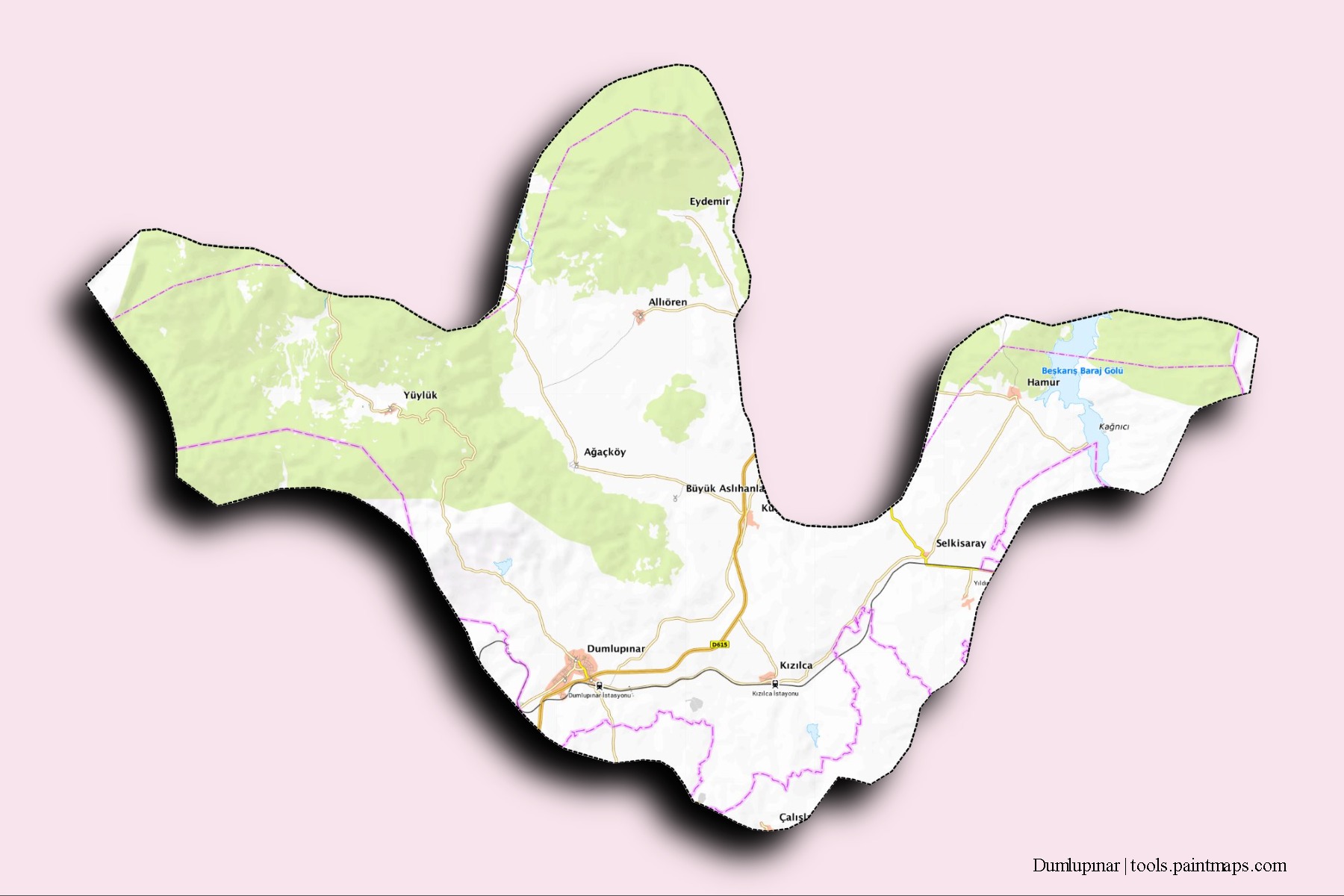 Dumlupınar neighborhoods and villages map with 3D shadow effect