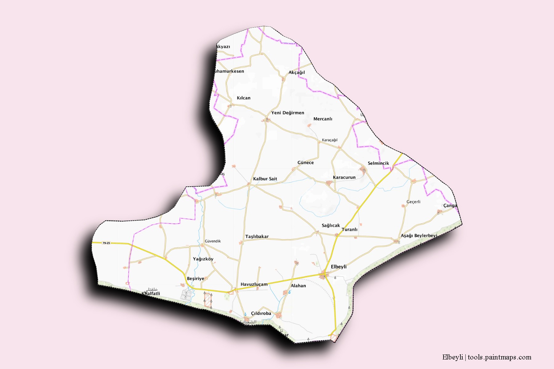 Mapa de barrios y pueblos de Elbeyli con efecto de sombra 3D