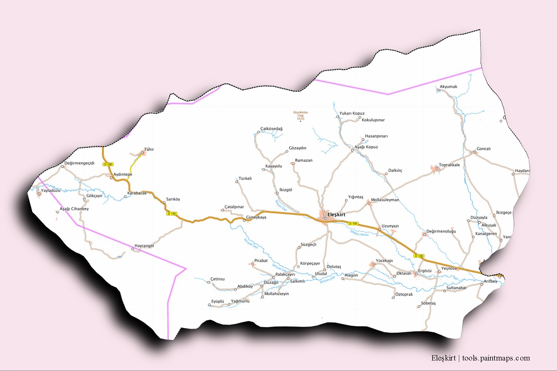 Mapa de barrios y pueblos de Eleşkirt con efecto de sombra 3D