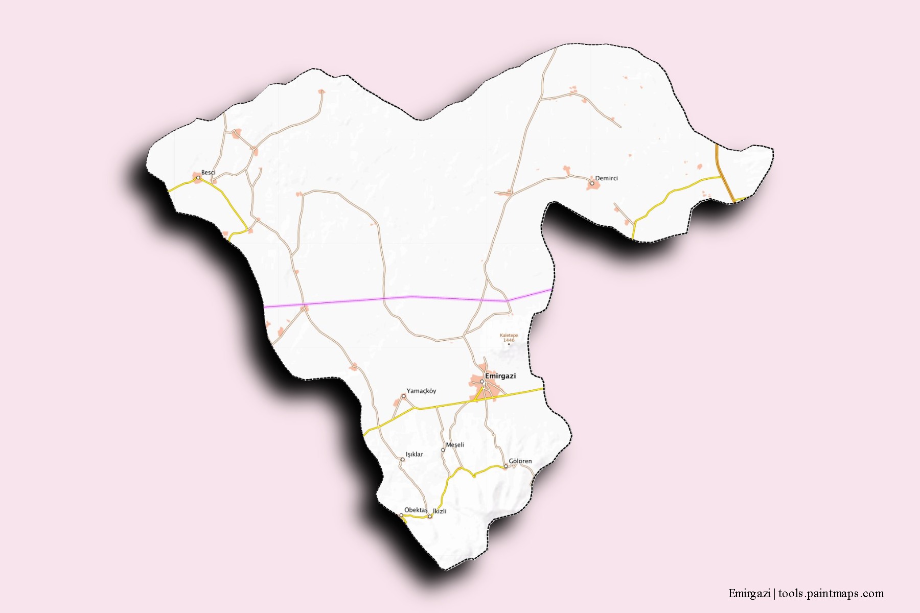 Emirgazi neighborhoods and villages map with 3D shadow effect