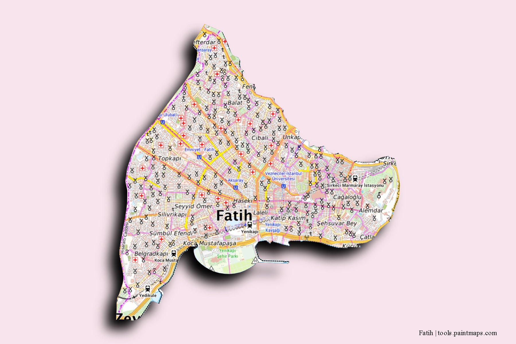 Fatih neighborhoods and villages map with 3D shadow effect