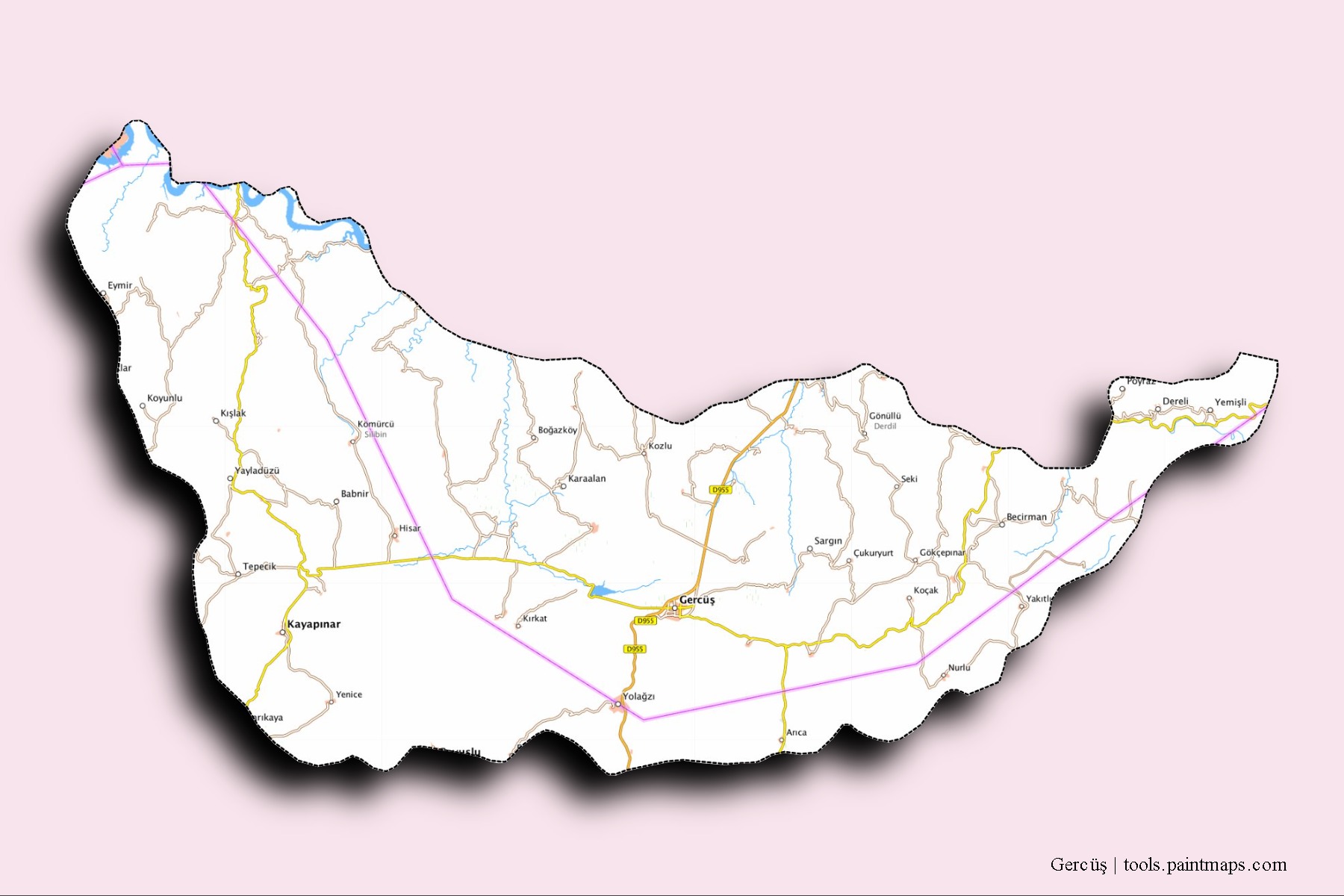 Mapa de barrios y pueblos de Gercüş con efecto de sombra 3D