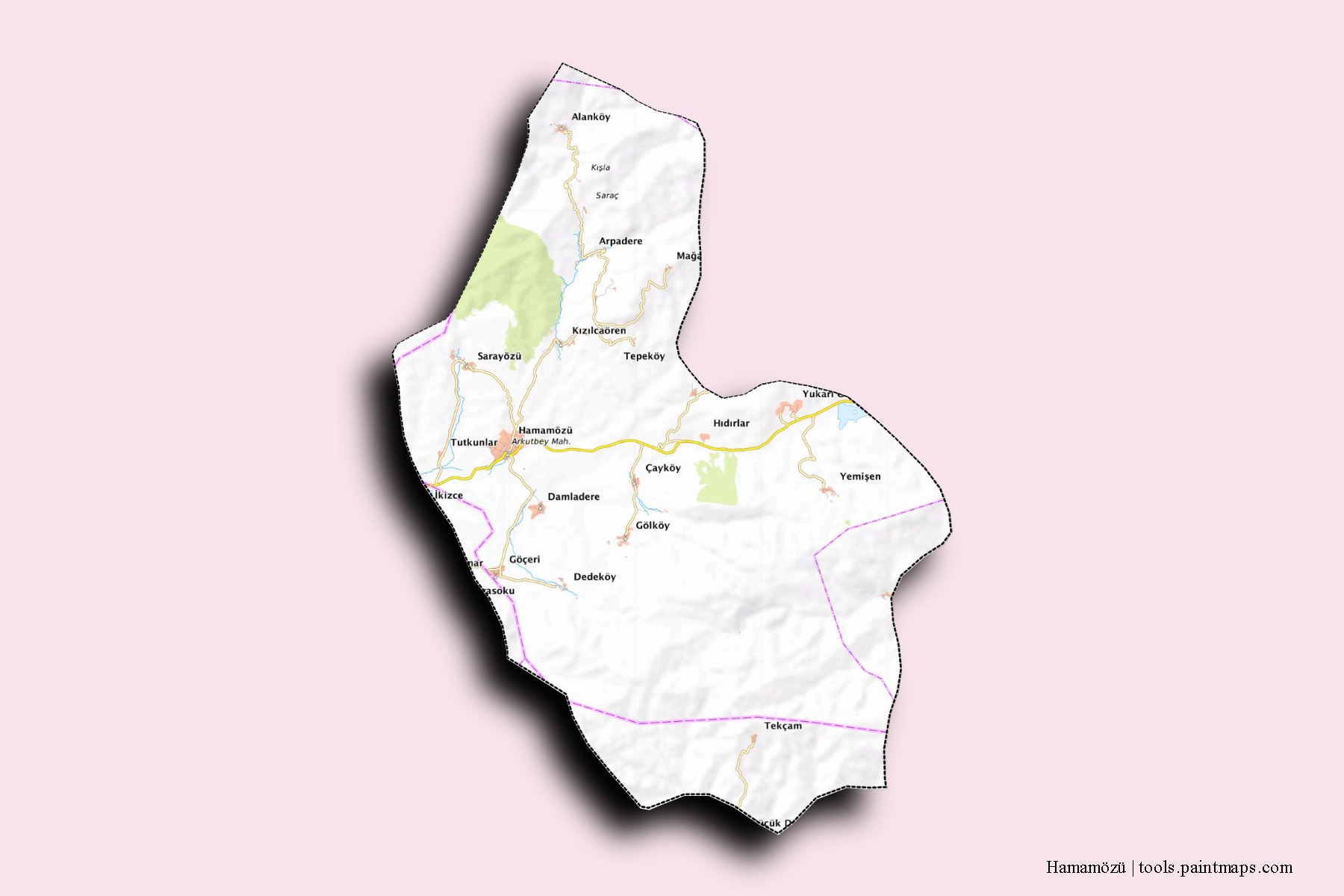 Mapa de barrios y pueblos de Hamamözü con efecto de sombra 3D