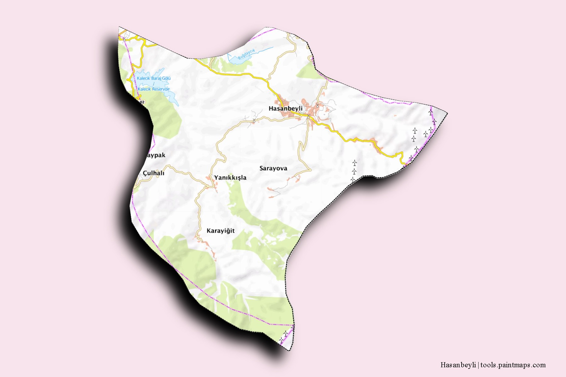 Mapa de barrios y pueblos de Hasanbeyli con efecto de sombra 3D