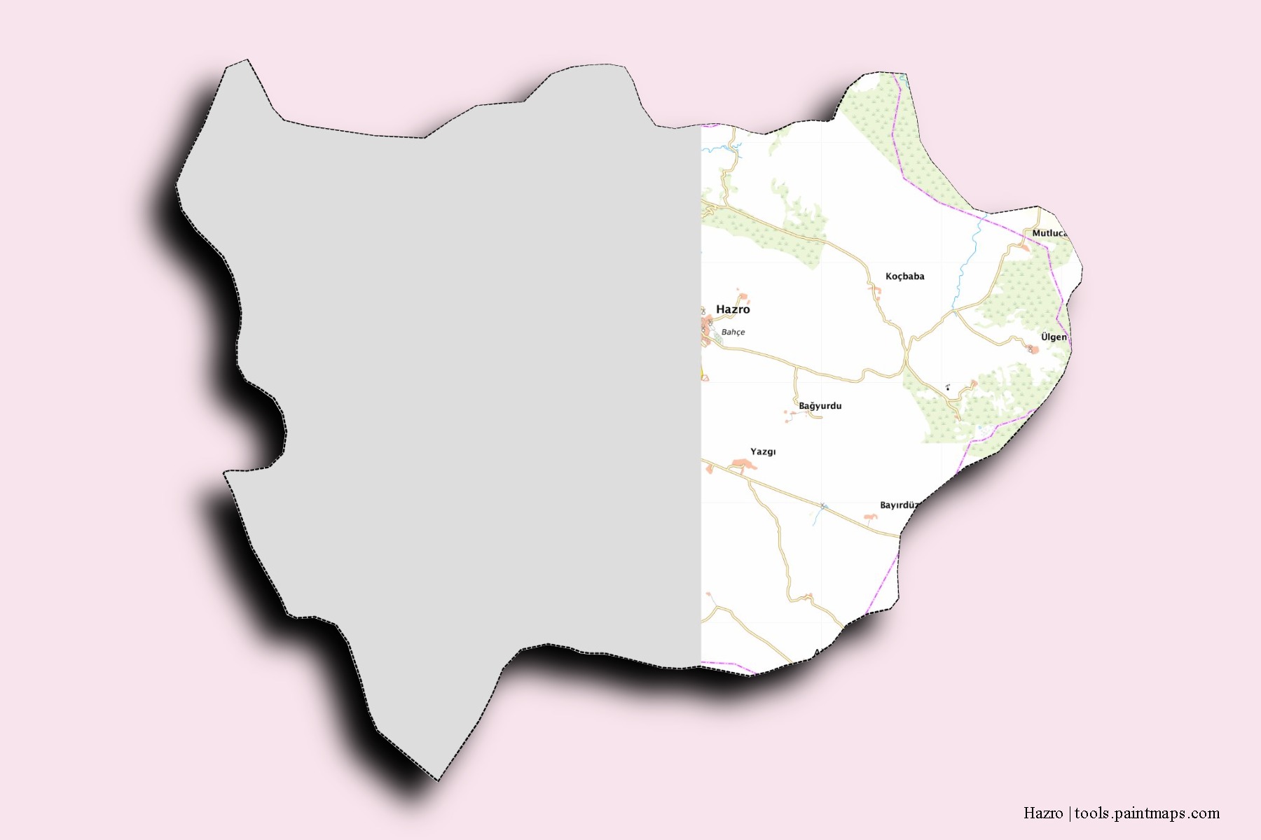 Mapa de barrios y pueblos de Hazro con efecto de sombra 3D