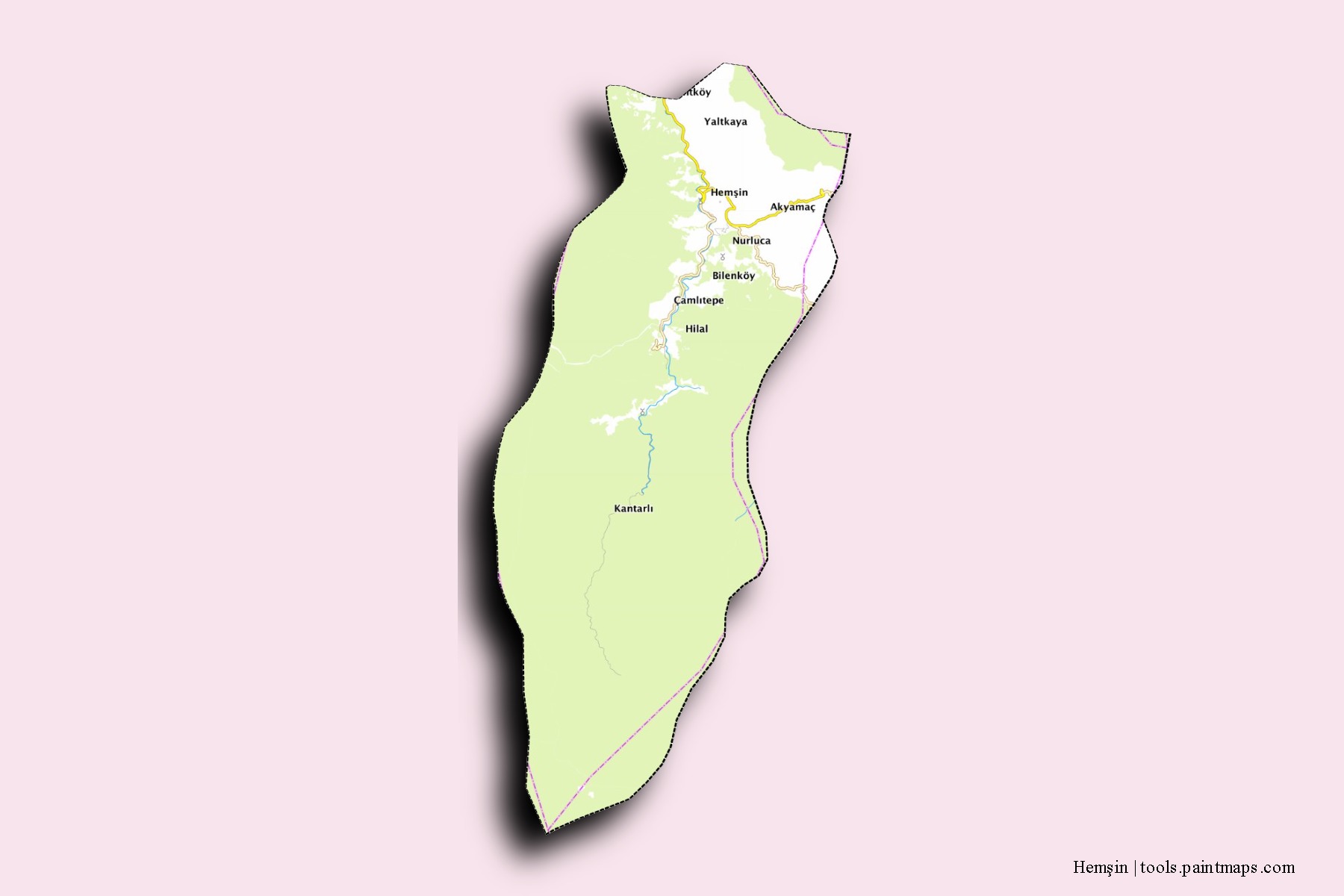 Mapa de barrios y pueblos de Hemşin con efecto de sombra 3D